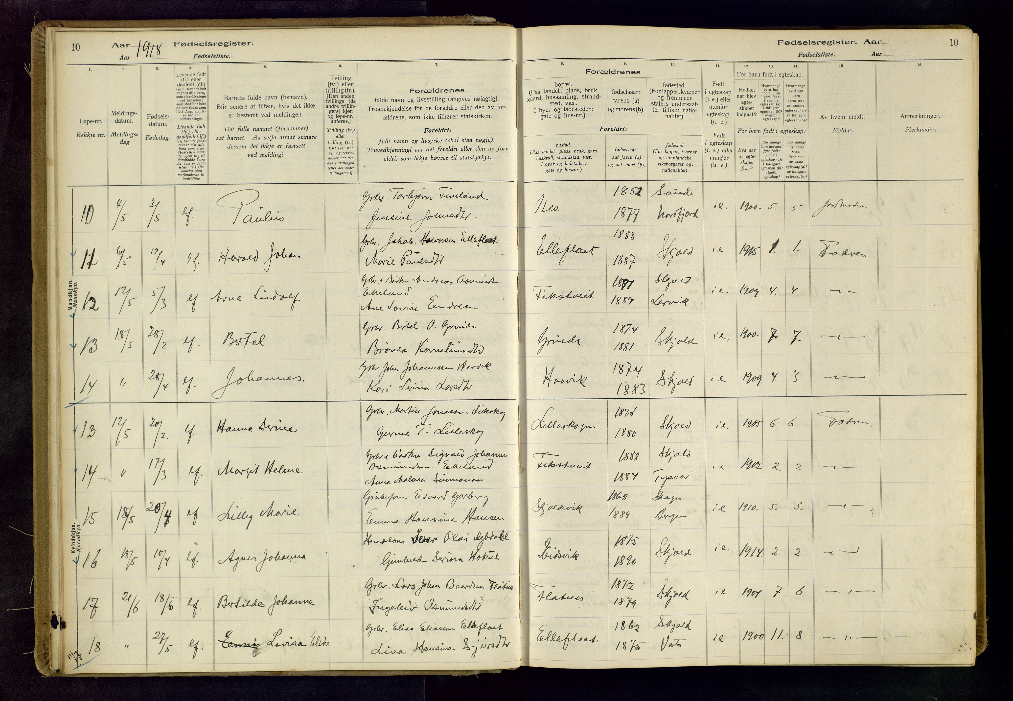 Skjold sokneprestkontor, AV/SAST-A-101847/I/Id/L0001: Fødselsregister nr. 1, 1917-1951, s. 10