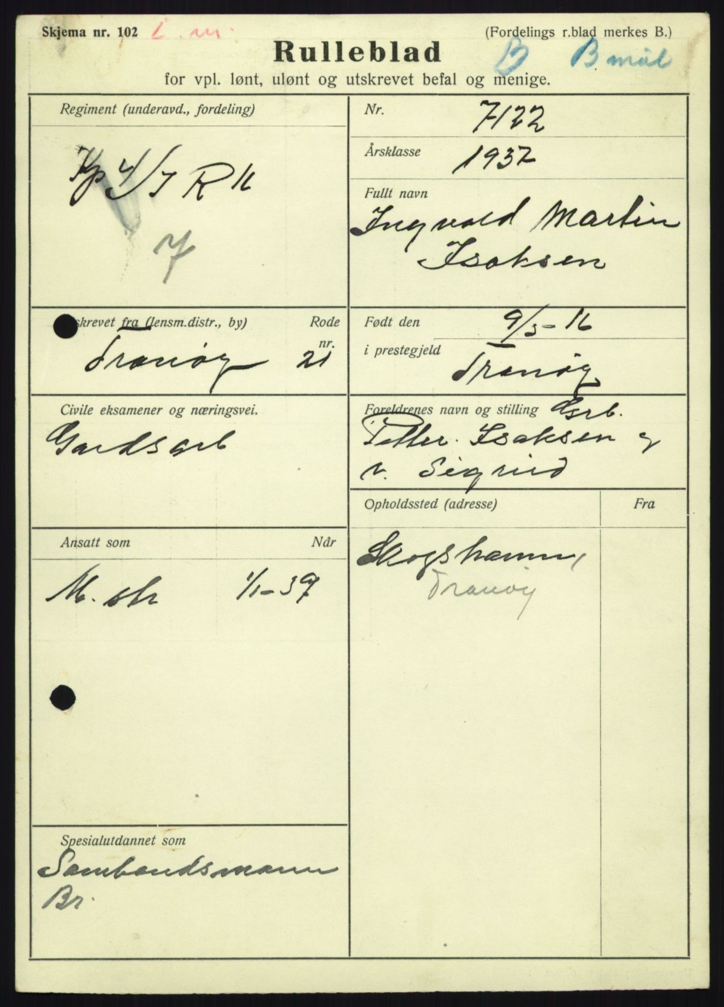 Forsvaret, Troms infanteriregiment nr. 16, AV/RA-RAFA-3146/P/Pa/L0021: Rulleblad for regimentets menige mannskaper, årsklasse 1937, 1937, s. 423