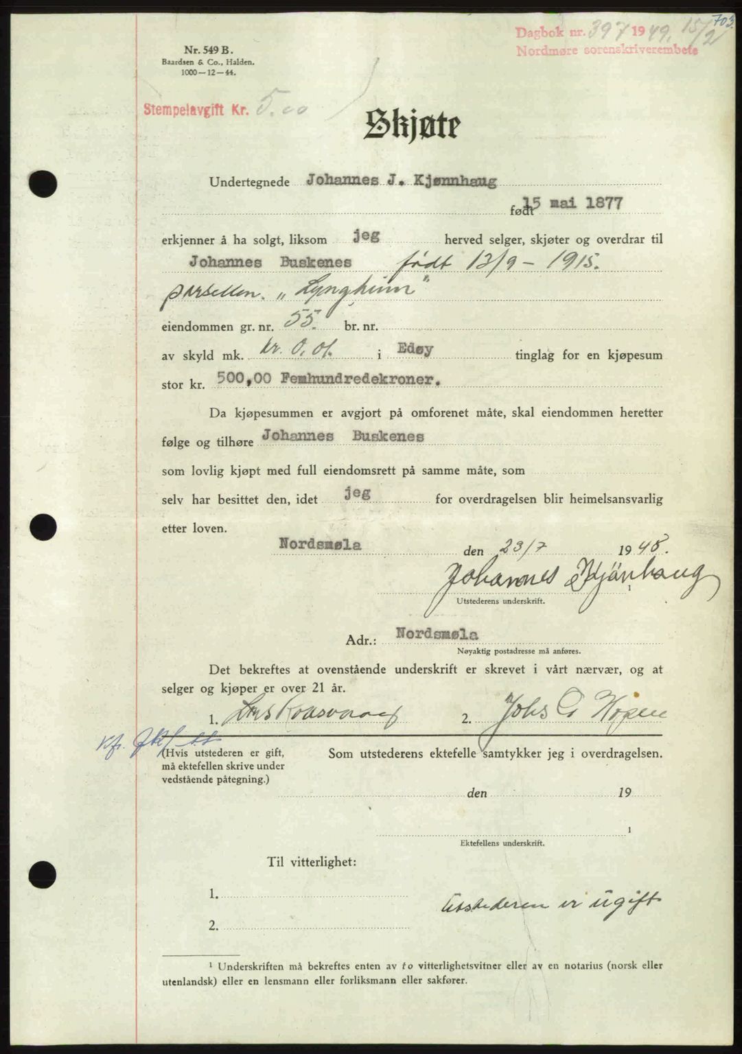 Nordmøre sorenskriveri, SAT/A-4132/1/2/2Ca: Pantebok nr. A110, 1948-1949, Dagboknr: 397/1949