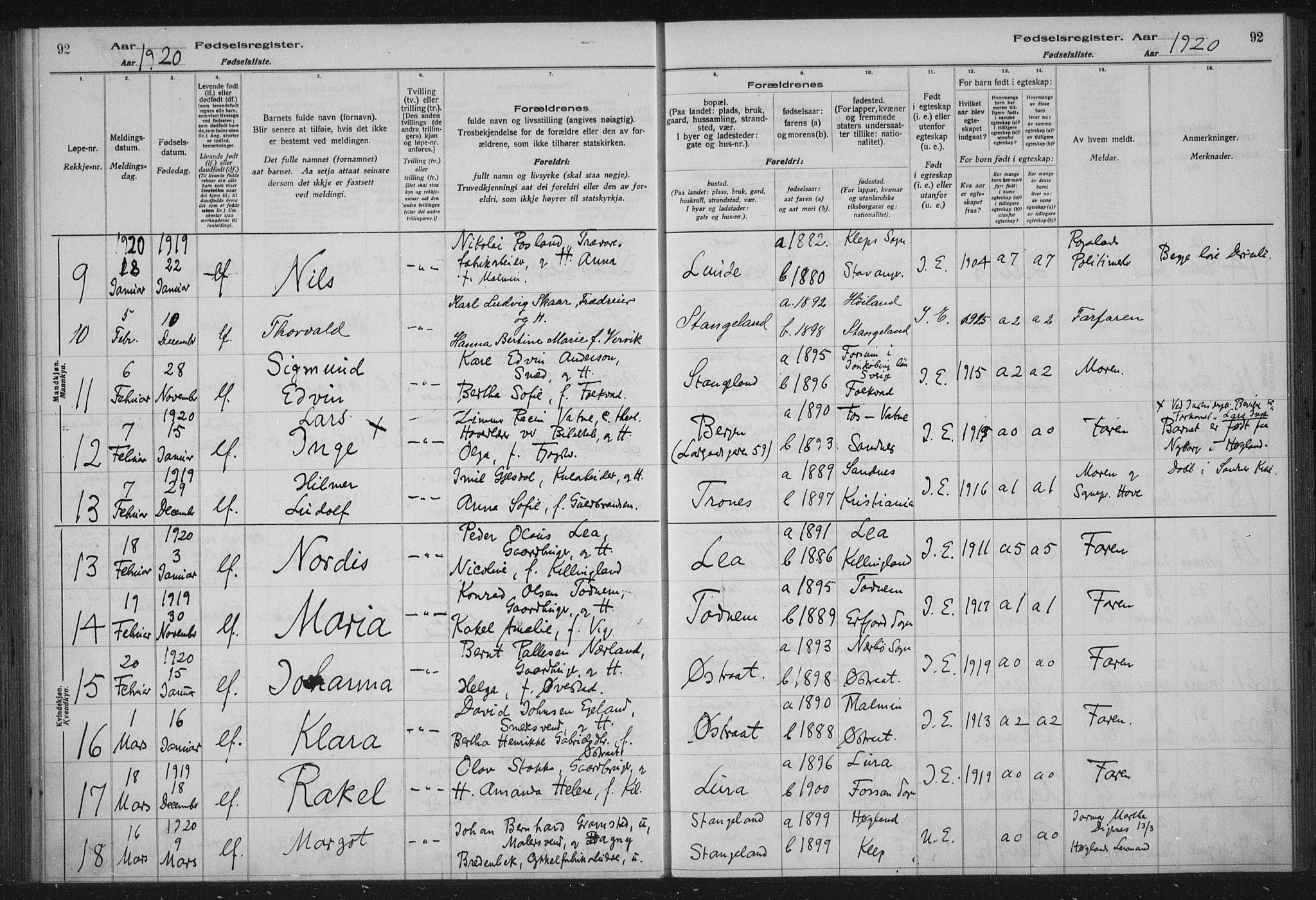 Høyland sokneprestkontor, AV/SAST-A-101799/002/O/L0001: Fødselsregister nr. 1, 1916-1924, s. 92
