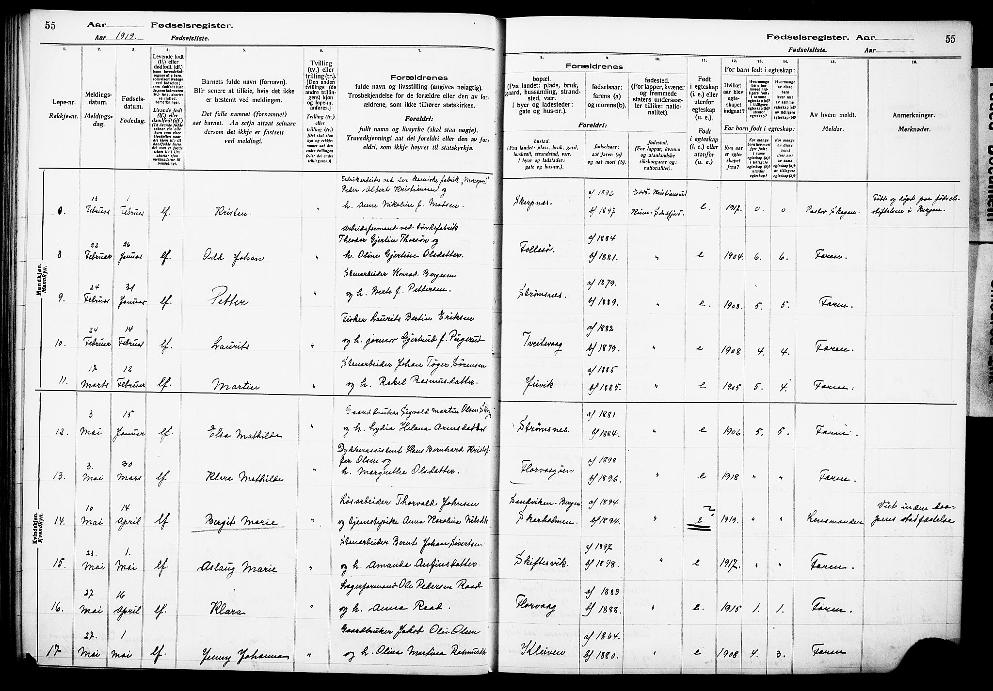 Askøy Sokneprestembete, AV/SAB-A-74101/I/Id/L00A1: Fødselsregister nr. A 1, 1916-1928, s. 55