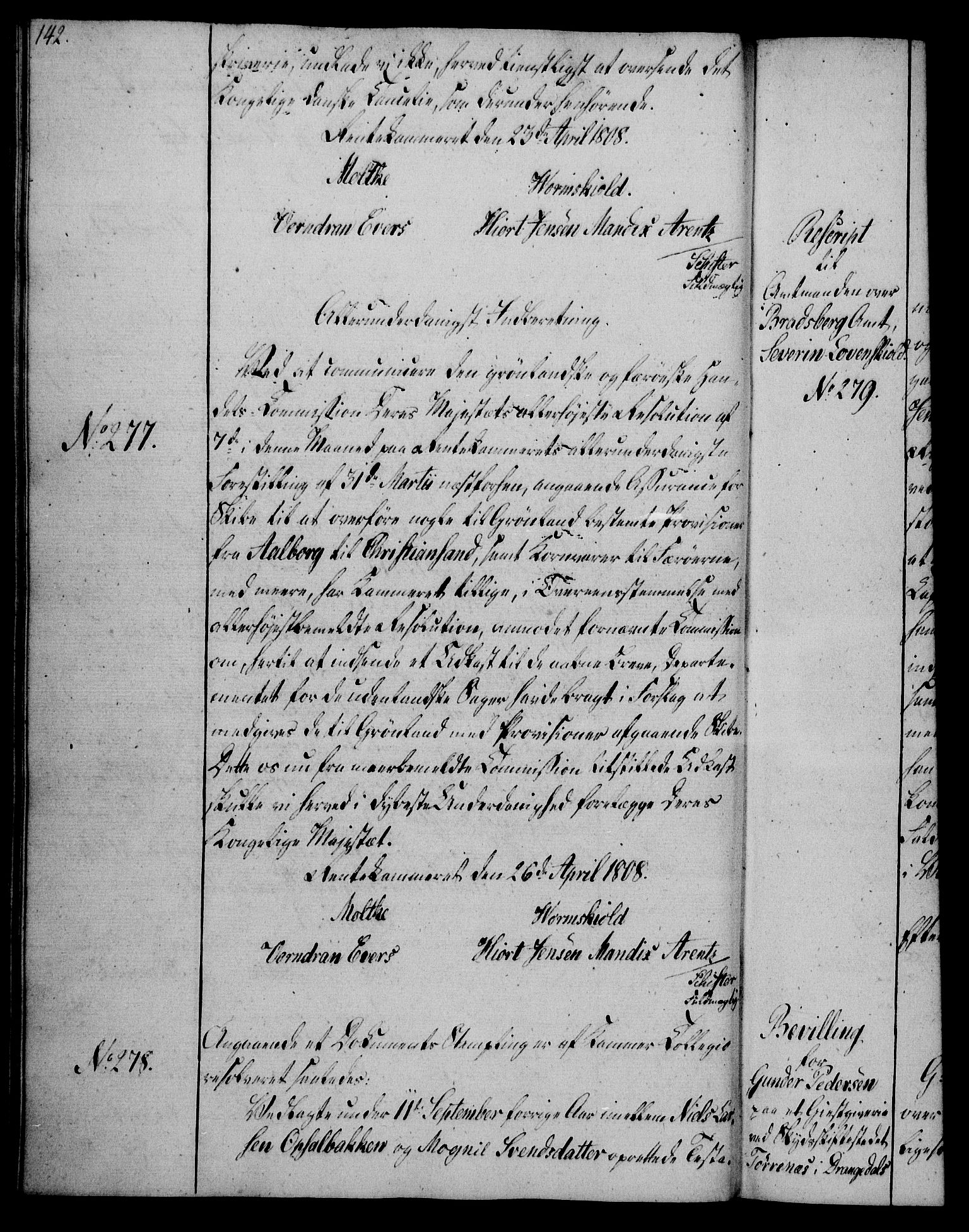 Rentekammeret, Kammerkanselliet, RA/EA-3111/G/Gg/Gga/L0019: Norsk ekspedisjonsprotokoll med register (merket RK 53.19), 1807-1810, s. 142