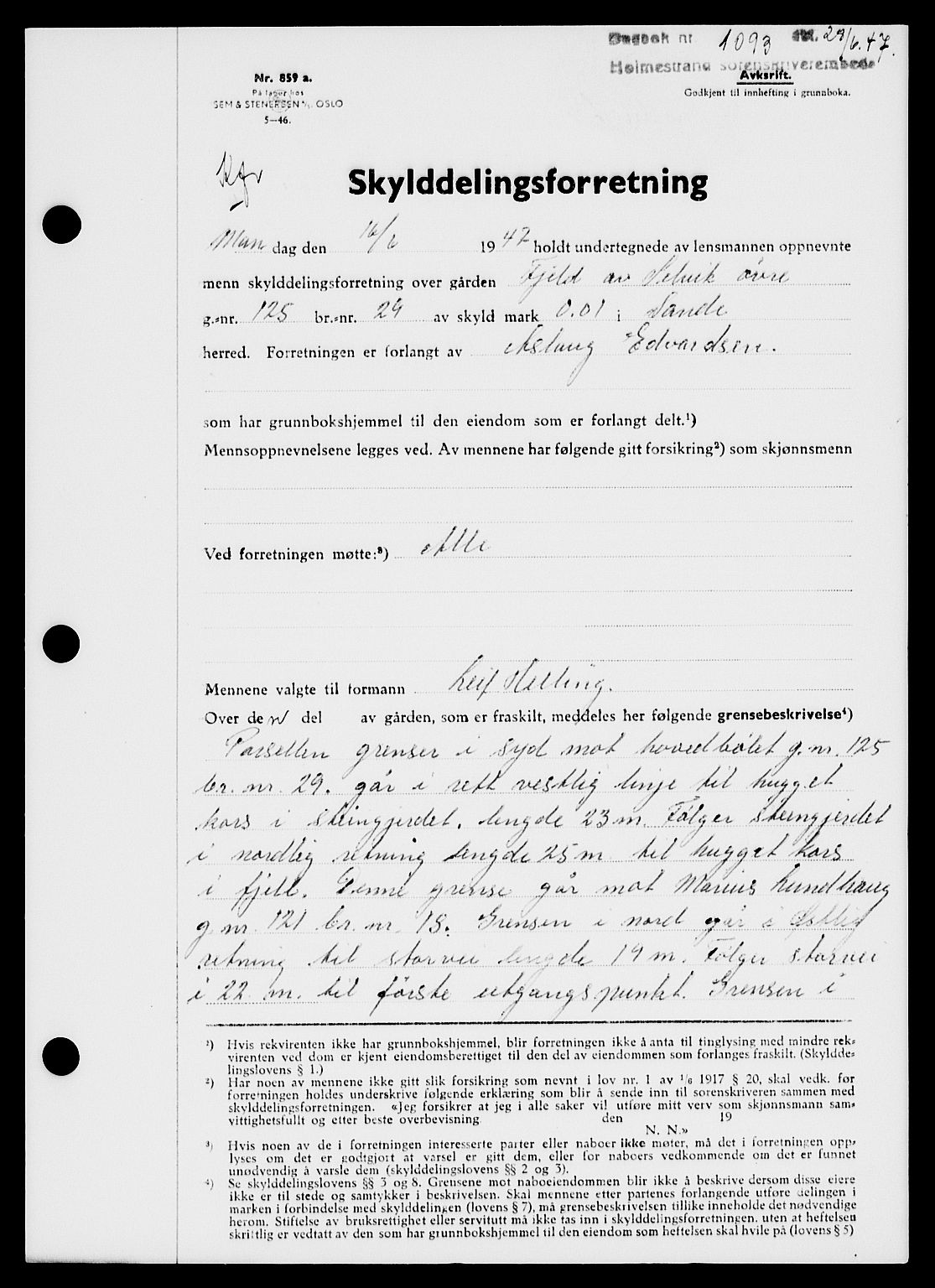 Holmestrand sorenskriveri, SAKO/A-67/G/Ga/Gaa/L0062: Pantebok nr. A-62, 1947-1947, Dagboknr: 1093/1947
