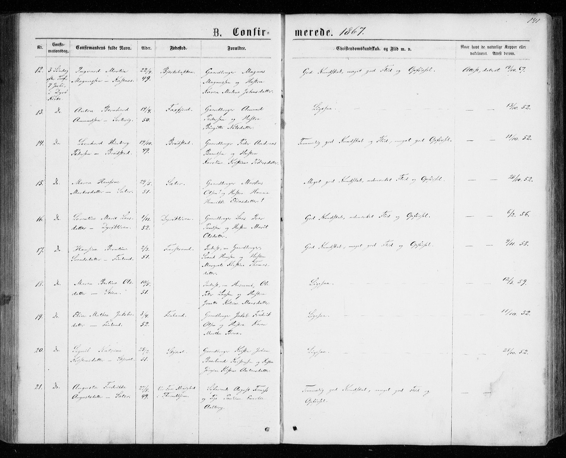 Tranøy sokneprestkontor, AV/SATØ-S-1313/I/Ia/Iaa/L0008kirke: Ministerialbok nr. 8, 1867-1877, s. 141