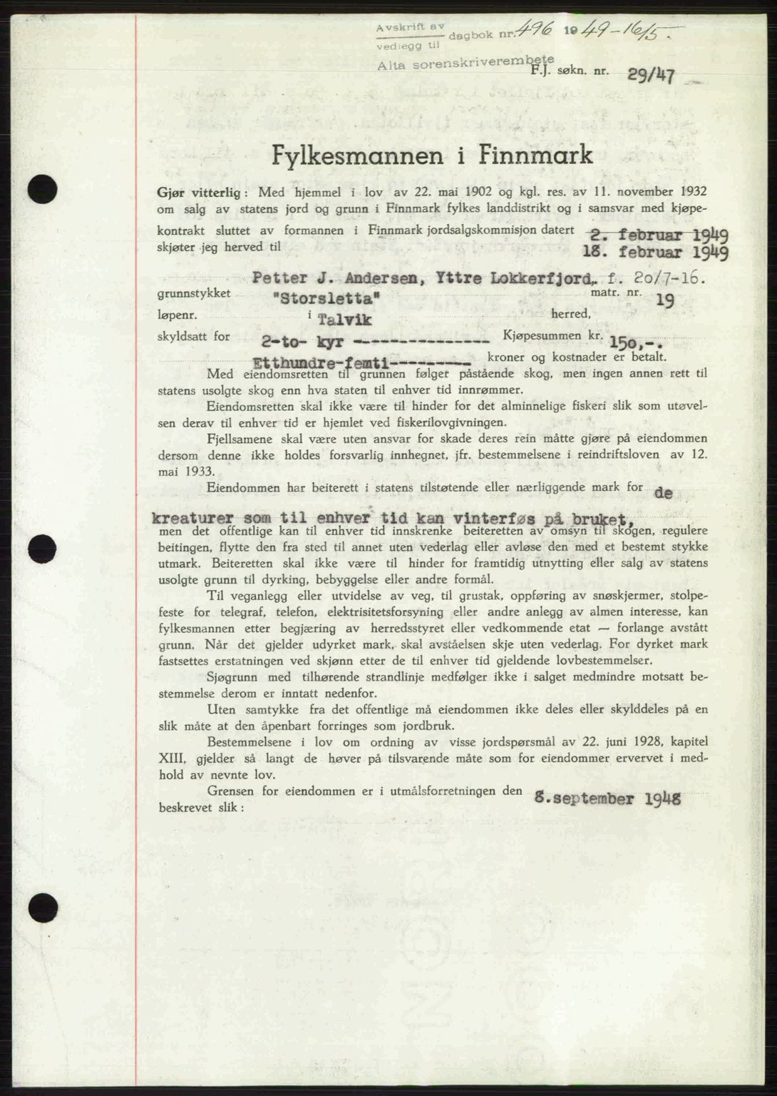 Alta fogderi/sorenskriveri, SATØ/SATØ-5/1/K/Kd/L0037pantebok: Pantebok nr. 39-40, 1948-1949, Dagboknr: 496/1949