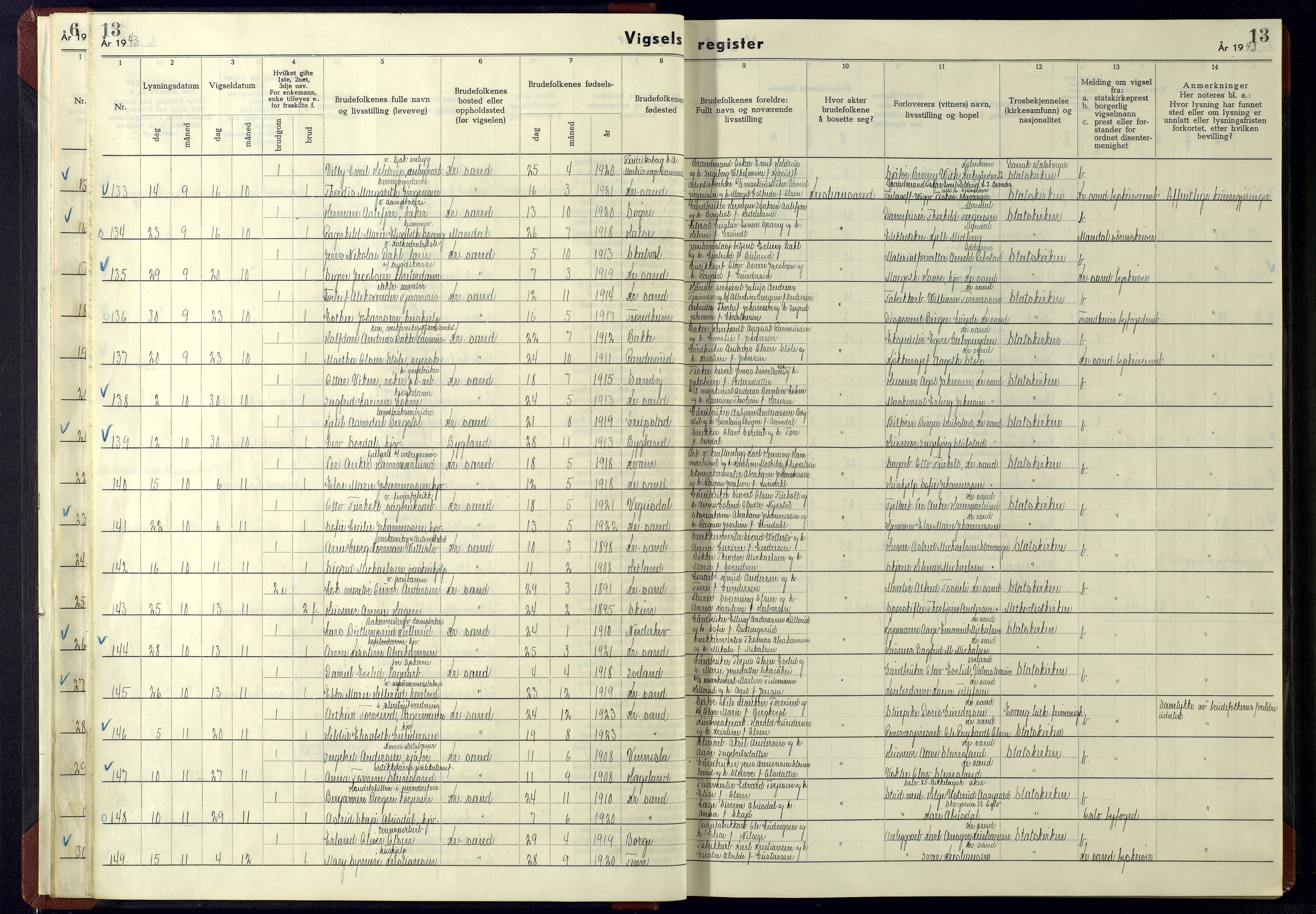 Kristiansand domprosti, AV/SAK-1112-0006/J/Ja/L0003: Vigselsregister nr. A-VI-15, 1942-1945, s. 13