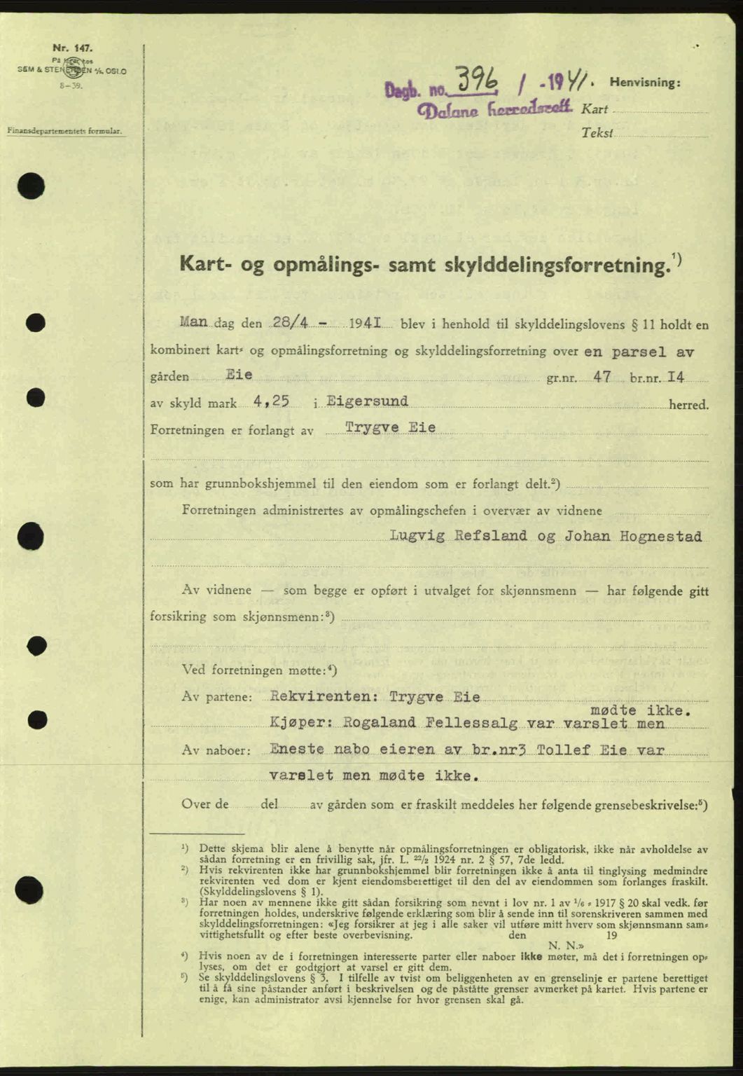 Dalane sorenskriveri, SAST/A-100309/02/G/Gb/L0044: Pantebok nr. A5, 1940-1941, Dagboknr: 396/1941