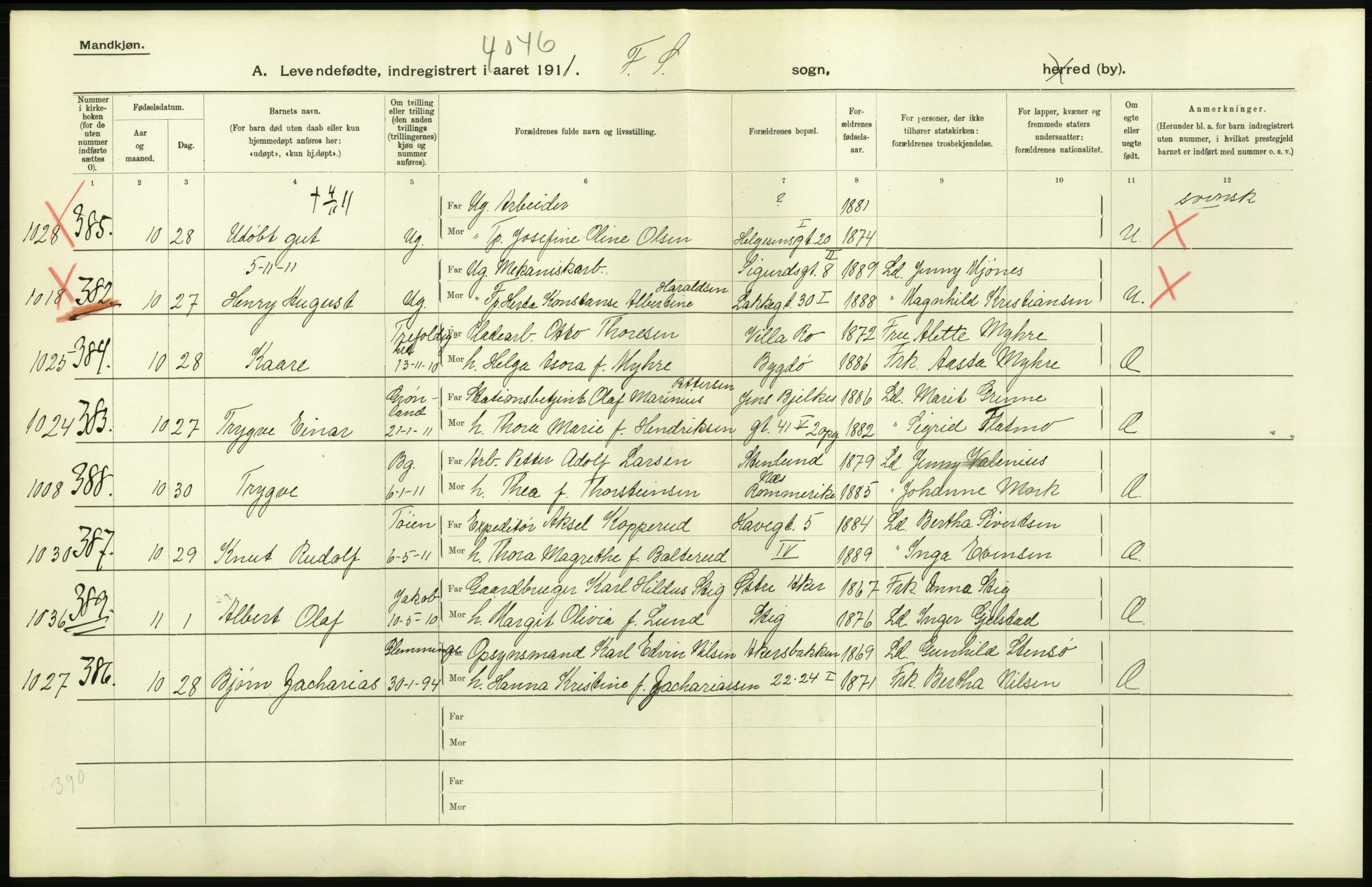 Statistisk sentralbyrå, Sosiodemografiske emner, Befolkning, AV/RA-S-2228/D/Df/Dfb/Dfba/L0006: Kristiania: Levendefødte menn., 1911, s. 430