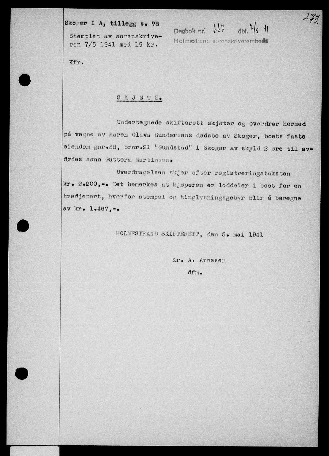 Holmestrand sorenskriveri, SAKO/A-67/G/Ga/Gaa/L0053: Pantebok nr. A-53, 1941-1941, Dagboknr: 667/1941