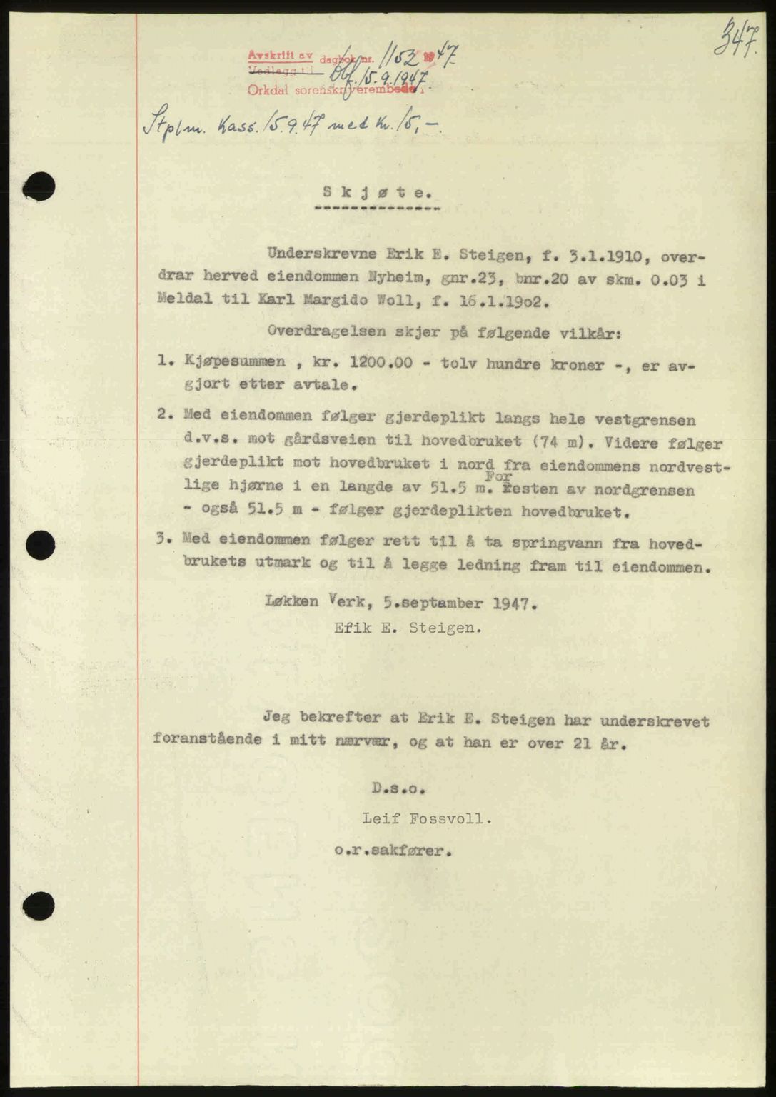 Orkdal sorenskriveri, SAT/A-4169/1/2/2C: Pantebok nr. A, 1947-1947, Dagboknr: 1152/1947