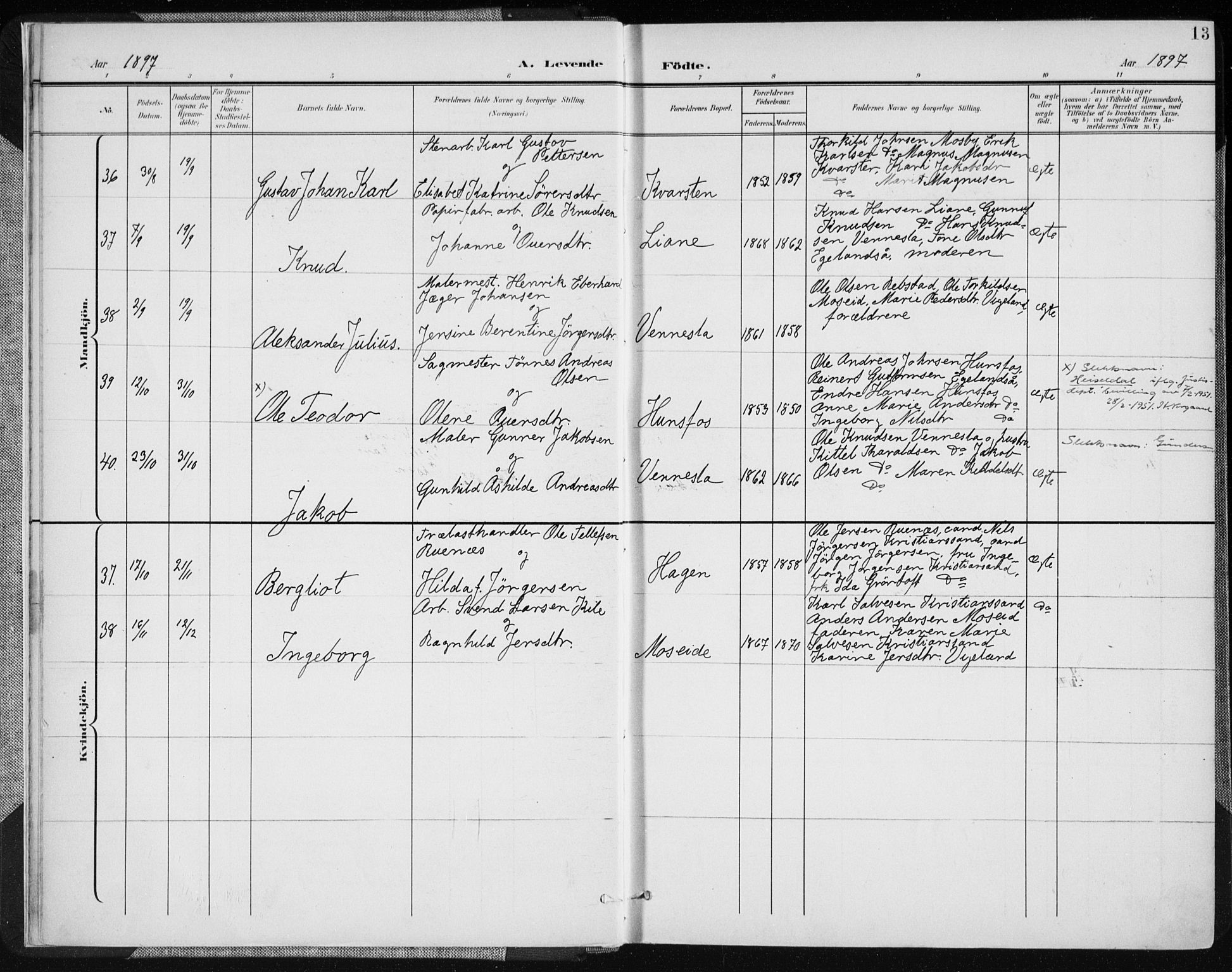 Vennesla sokneprestkontor, AV/SAK-1111-0045/Fa/Fab/L0005: Ministerialbok nr. A 5, 1897-1909, s. 13