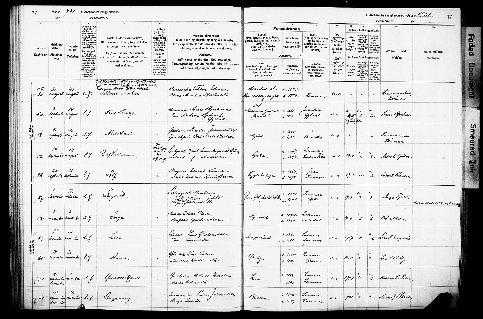 Lunner prestekontor, AV/SAH-PREST-118/I/Id/L0001: Fødselsregister nr. 1, 1916-1932, s. 77