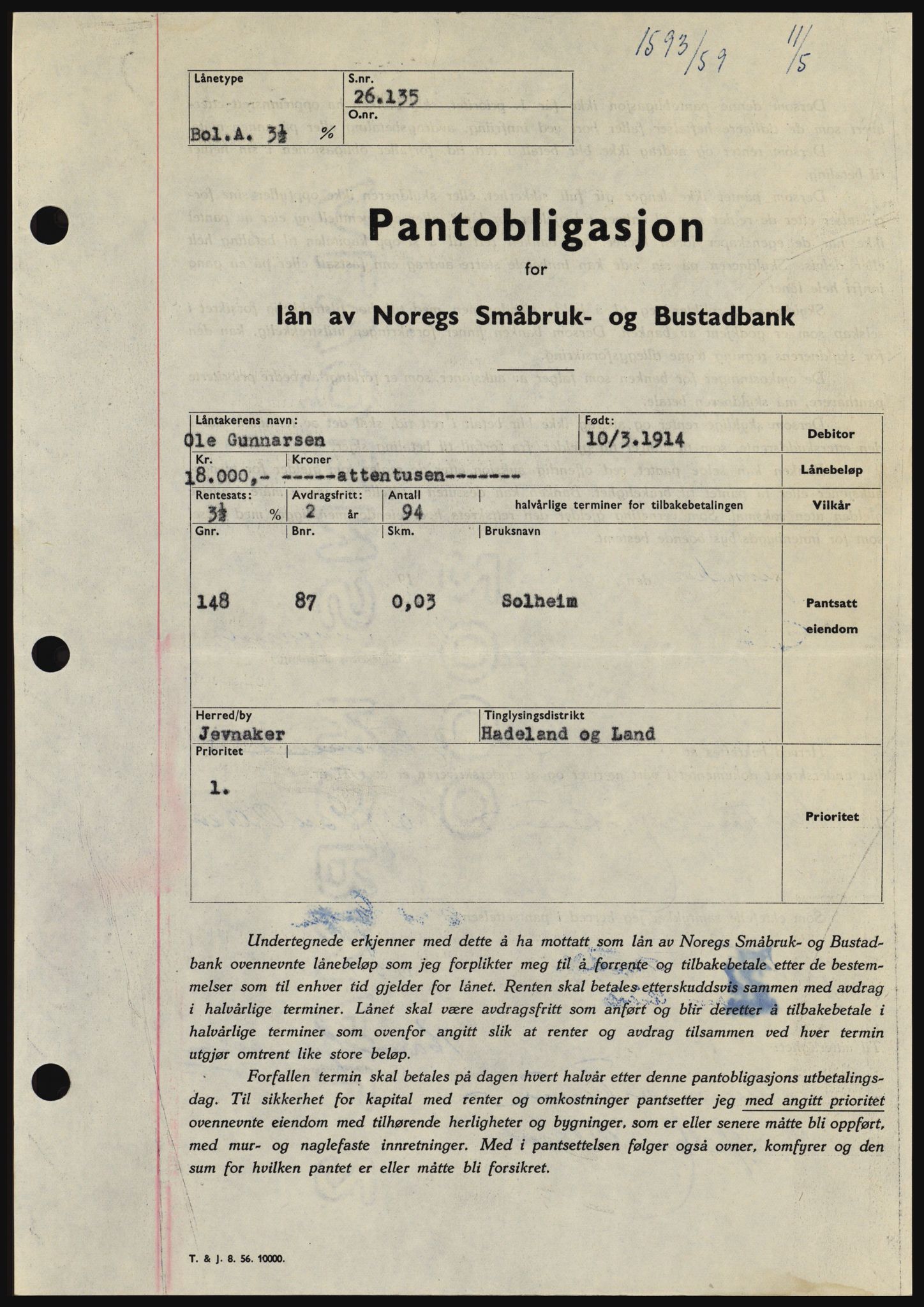 Hadeland og Land tingrett, SAH/TING-010/H/Hb/Hbc/L0040: Pantebok nr. B40, 1959-1959, Dagboknr: 1593/1959