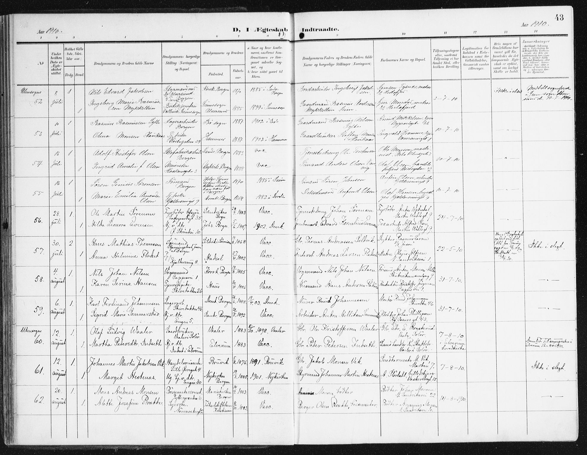 Domkirken sokneprestembete, AV/SAB-A-74801/H/Haa/L0038: Ministerialbok nr. D 5, 1906-1921, s. 43