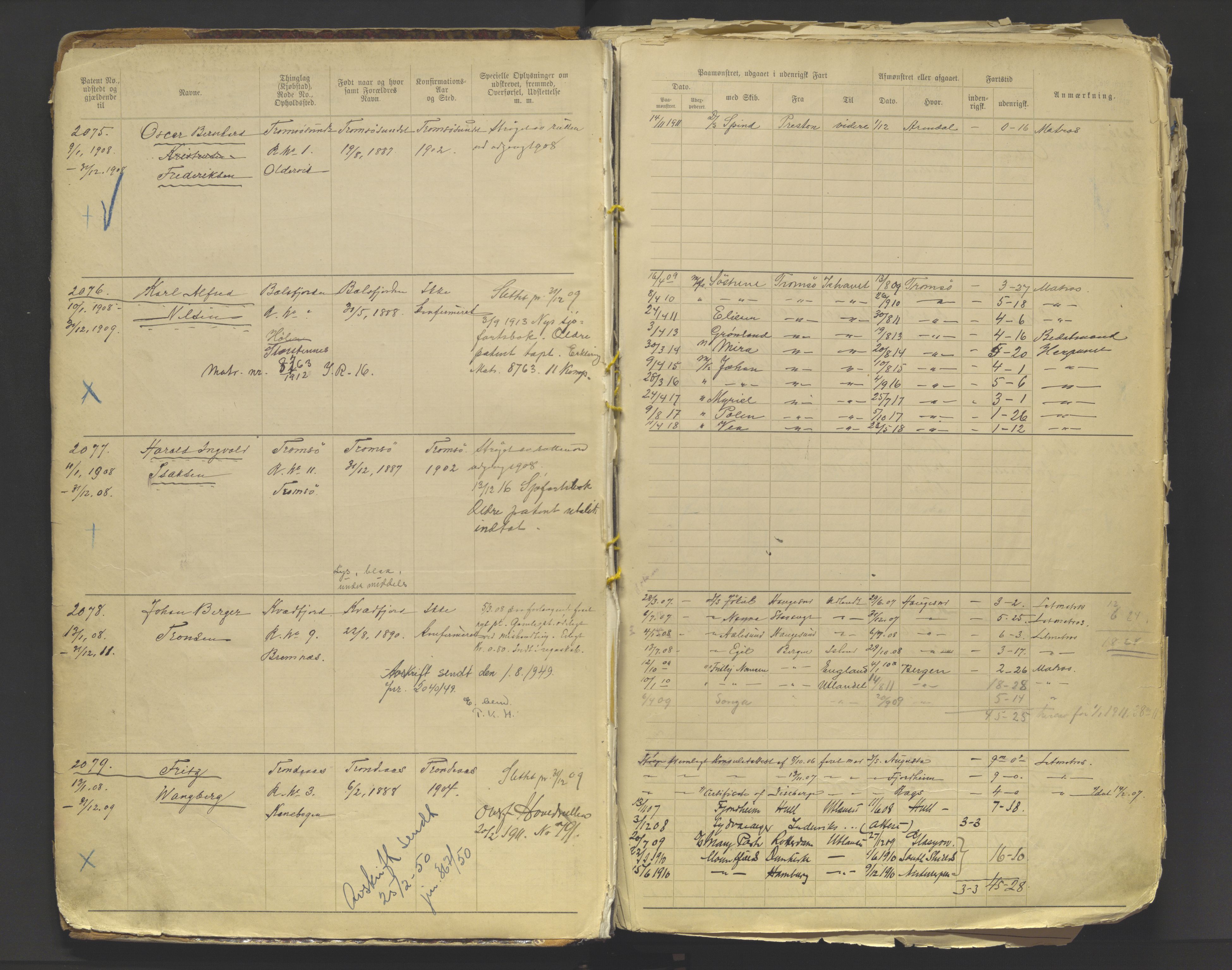 Tromsø sjømannskontor/innrullerings-/mønstringsdistrikt, AV/SATØ-S-0243/F/Fb/L0009: Annotasjonsrulle. Defekt: løse permer. Nr. 2075-3518, 1908-1916