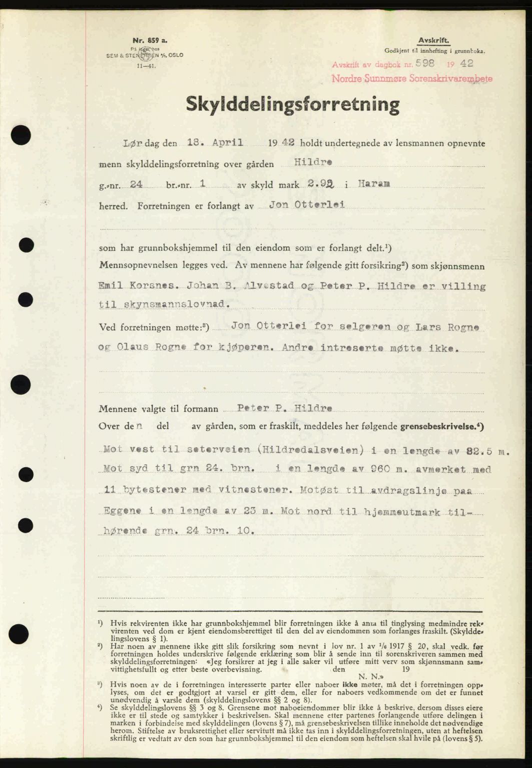 Nordre Sunnmøre sorenskriveri, SAT/A-0006/1/2/2C/2Ca: Pantebok nr. A13, 1942-1942, Dagboknr: 598/1942