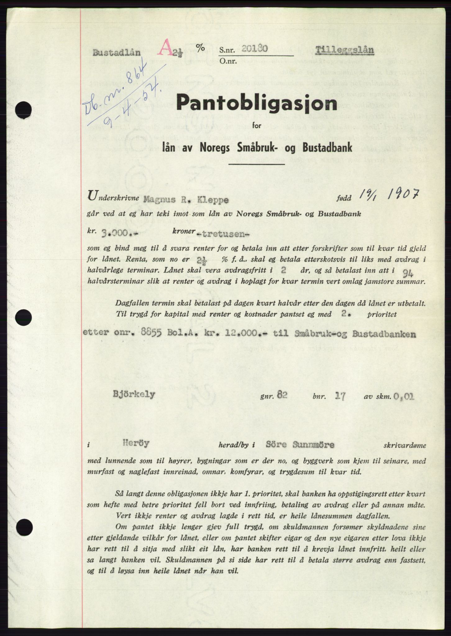 Søre Sunnmøre sorenskriveri, AV/SAT-A-4122/1/2/2C/L0124: Pantebok nr. 12B, 1953-1954, Dagboknr: 864/1954