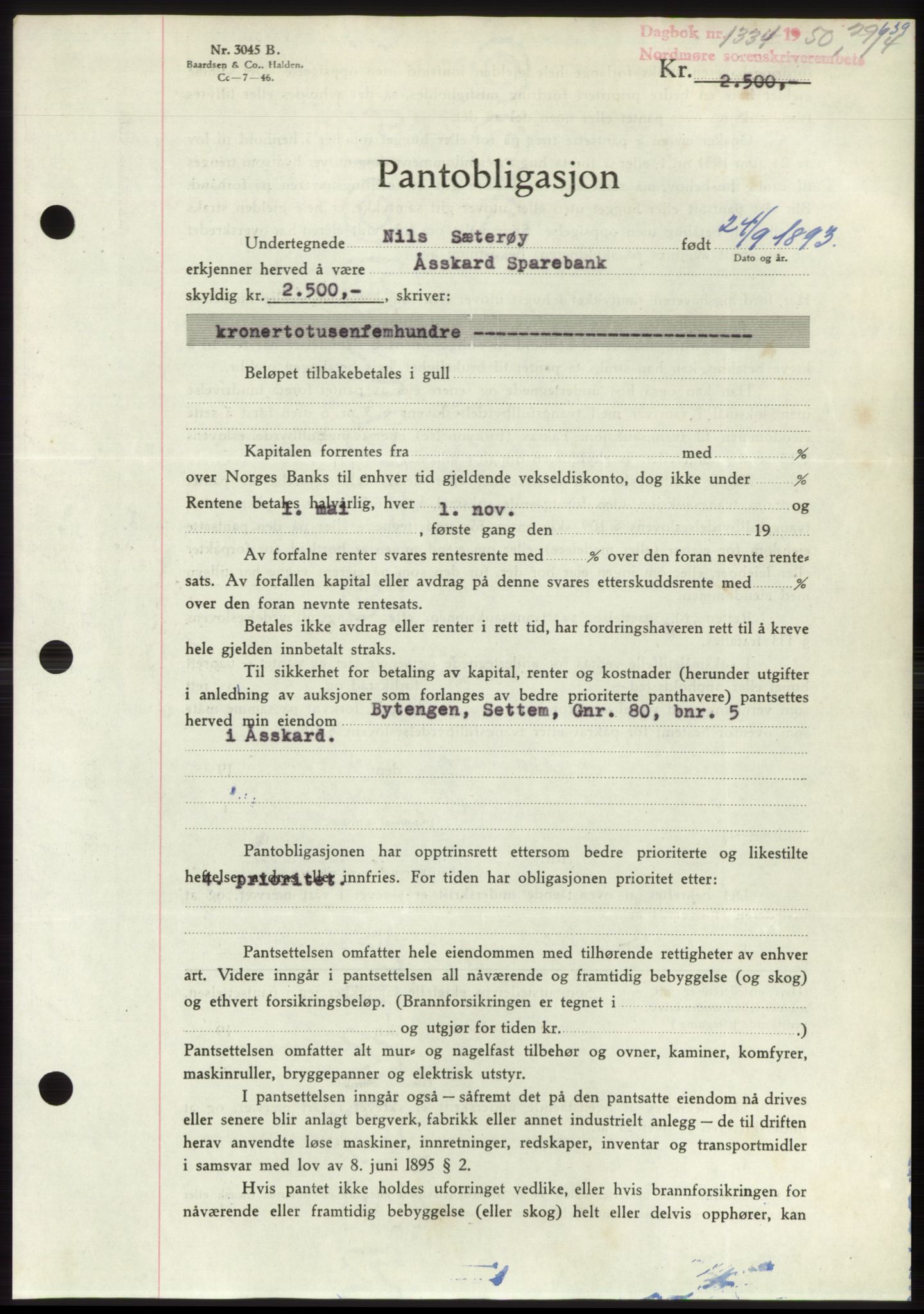 Nordmøre sorenskriveri, AV/SAT-A-4132/1/2/2Ca: Pantebok nr. B104, 1950-1950, Dagboknr: 1334/1950