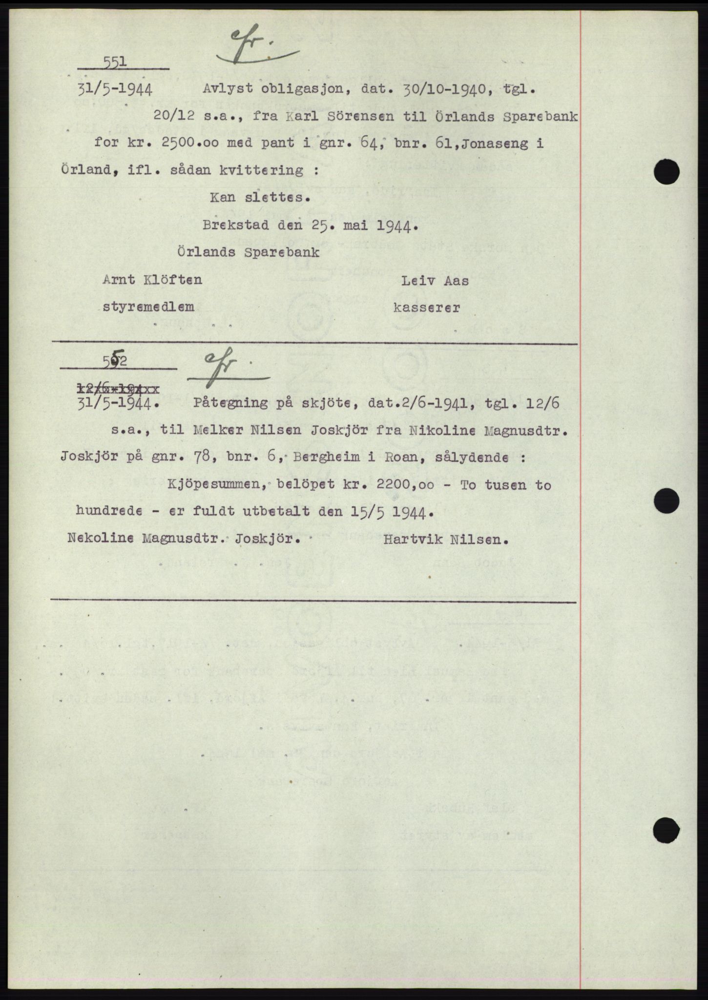Fosen sorenskriveri, AV/SAT-A-1107/1/2/2C: Pantebok nr. B1, 1943-1946, Dagboknr: 551/1944