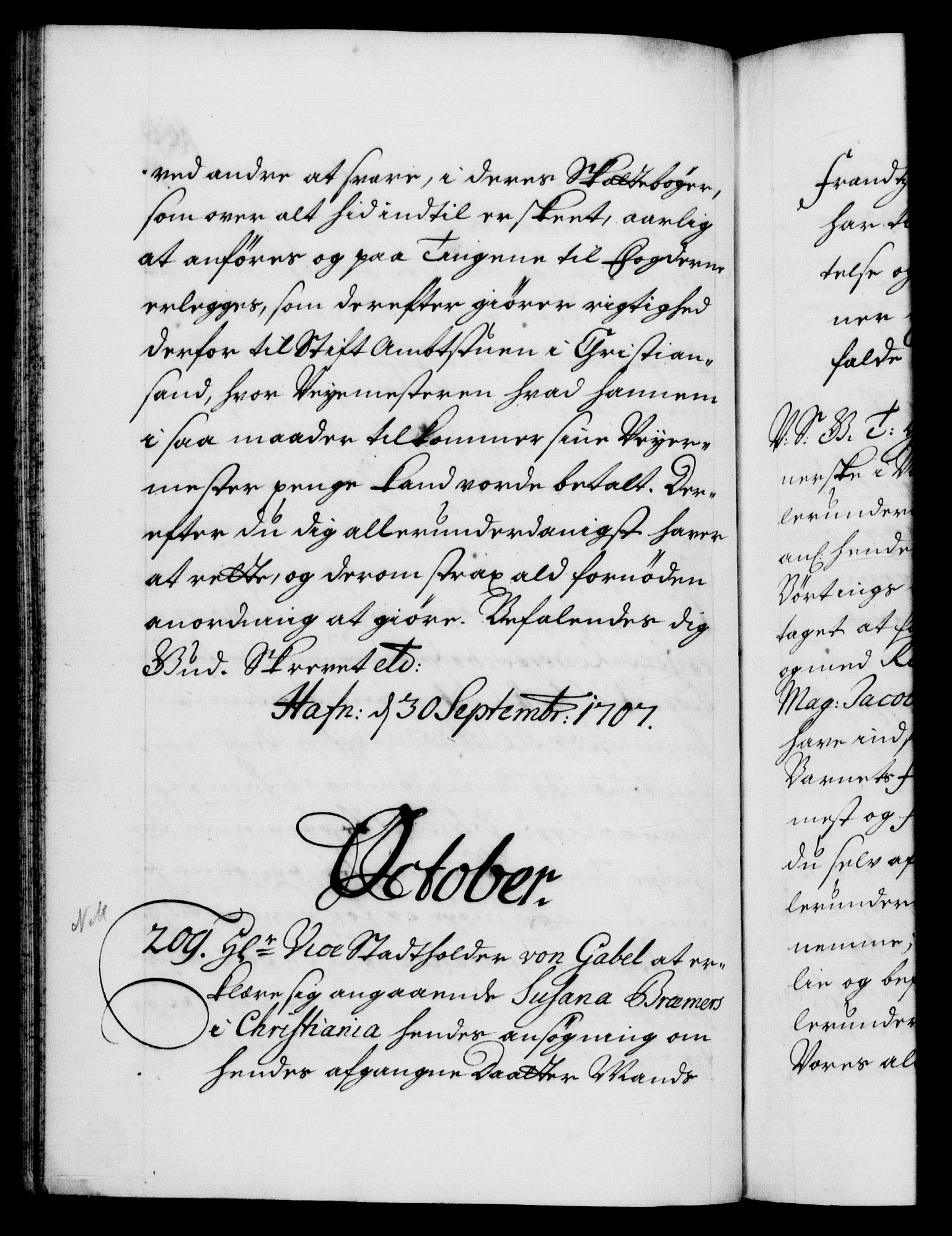Danske Kanselli 1572-1799, AV/RA-EA-3023/F/Fc/Fca/Fcab/L0018: Norske tegnelser, 1707-1709, s. 185b