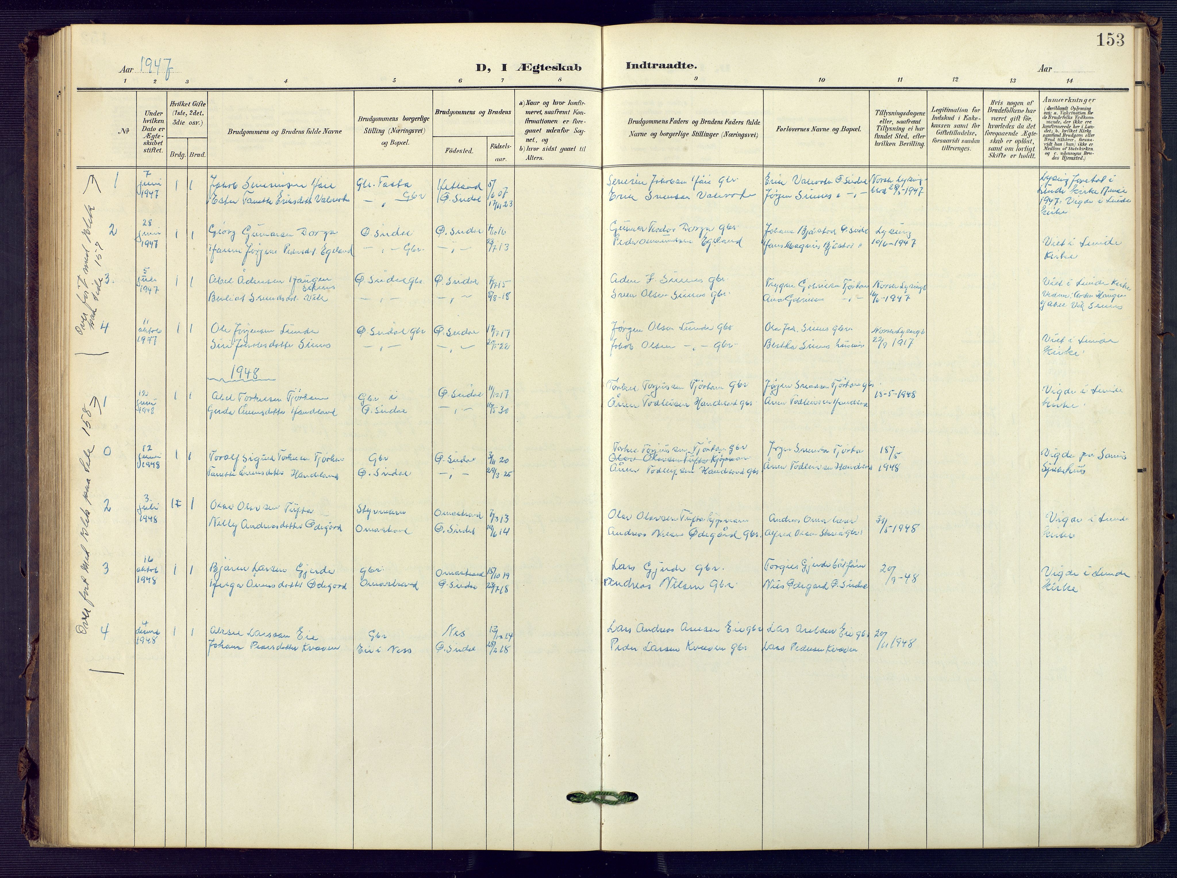 Sirdal sokneprestkontor, SAK/1111-0036/F/Fb/Fba/L0002: Klokkerbok nr. B 2, 1905-1958, s. 153