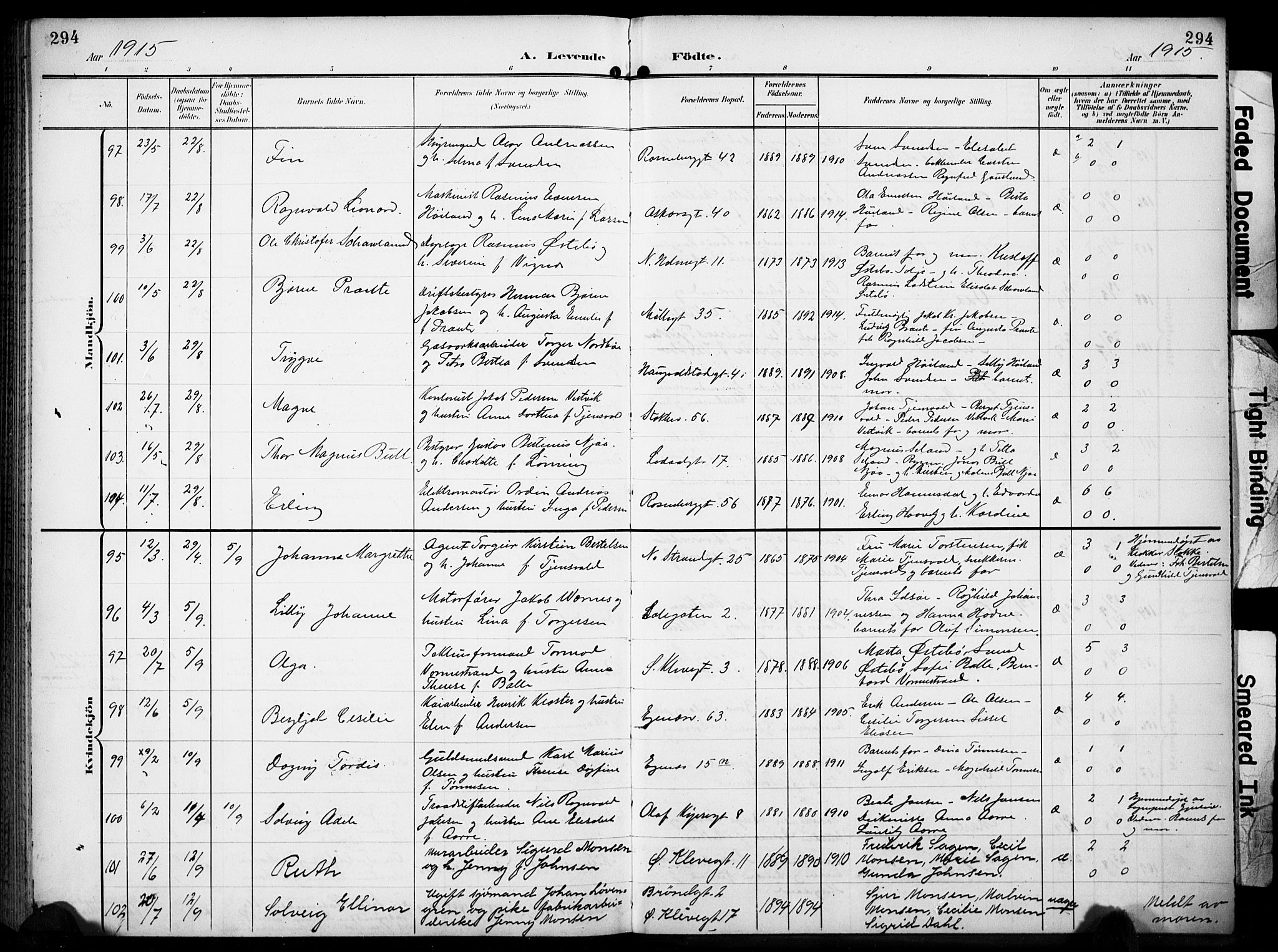 Domkirken sokneprestkontor, AV/SAST-A-101812/001/30/30BB/L0018: Klokkerbok nr. B 18, 1903-1915, s. 294