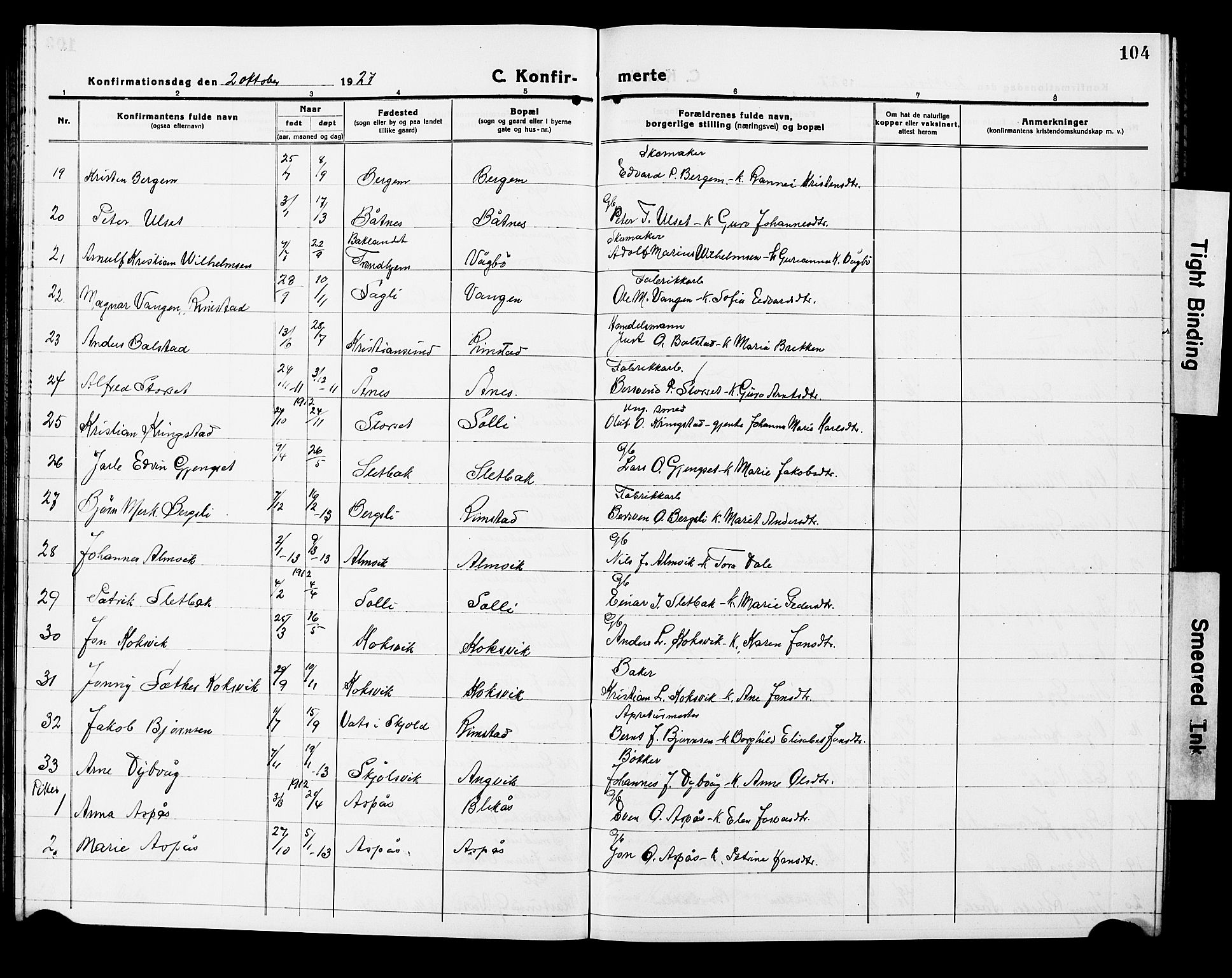 Ministerialprotokoller, klokkerbøker og fødselsregistre - Møre og Romsdal, AV/SAT-A-1454/586/L0994: Klokkerbok nr. 586C05, 1919-1927, s. 104