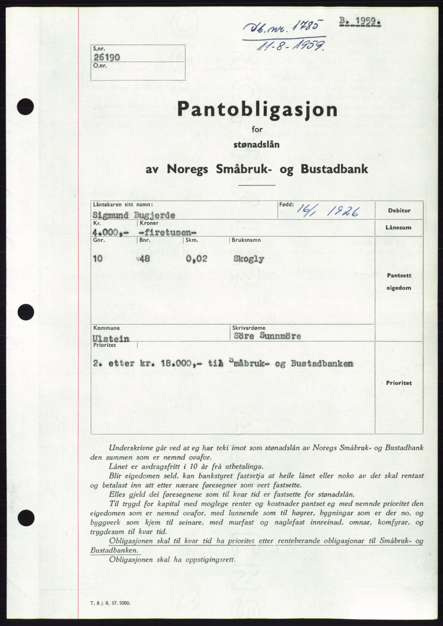 Søre Sunnmøre sorenskriveri, SAT/A-4122/1/2/2C/L0133: Pantebok nr. 21B, 1959-1959, Dagboknr: 1785/1959