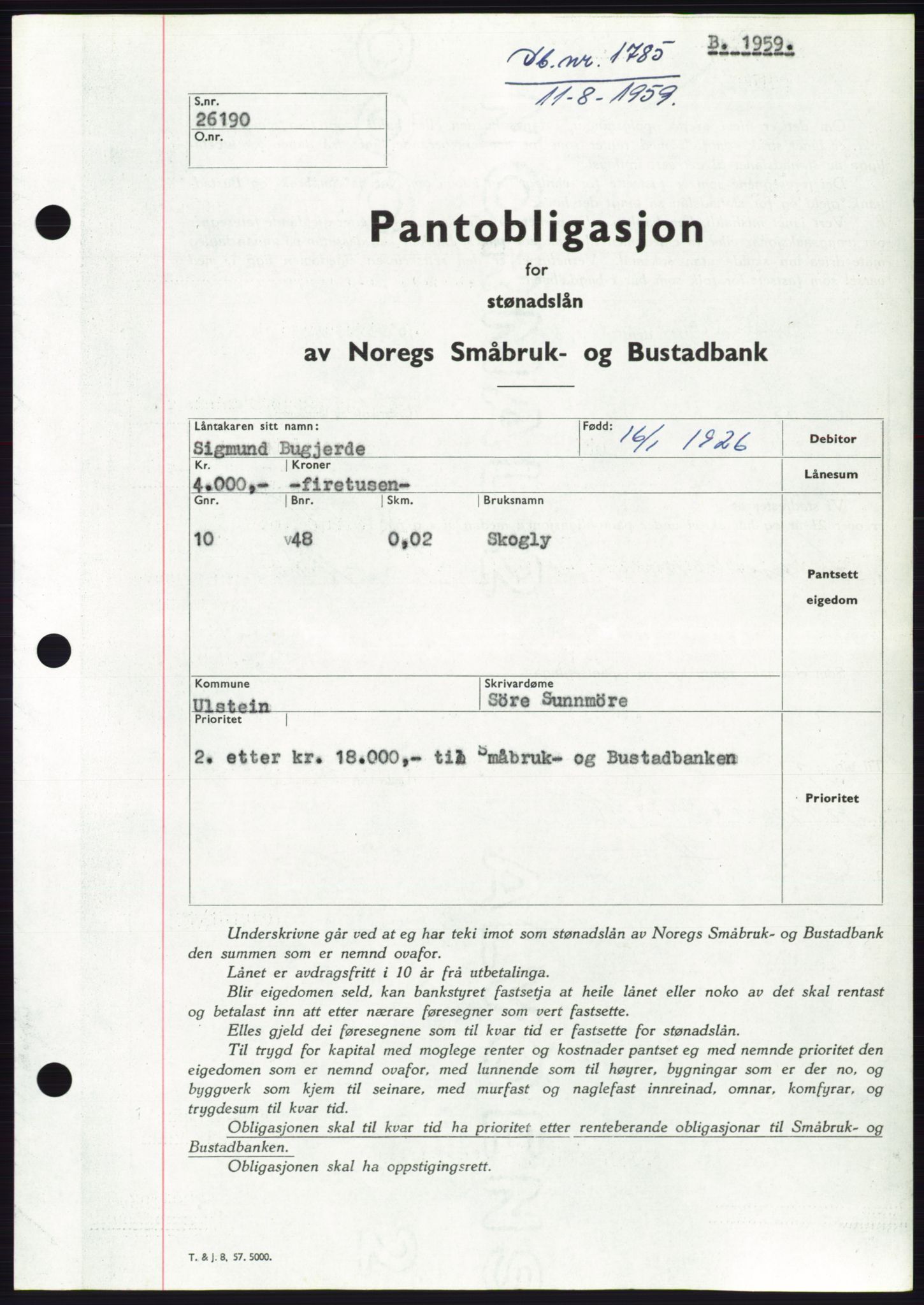 Søre Sunnmøre sorenskriveri, AV/SAT-A-4122/1/2/2C/L0133: Pantebok nr. 21B, 1959-1959, Dagboknr: 1785/1959