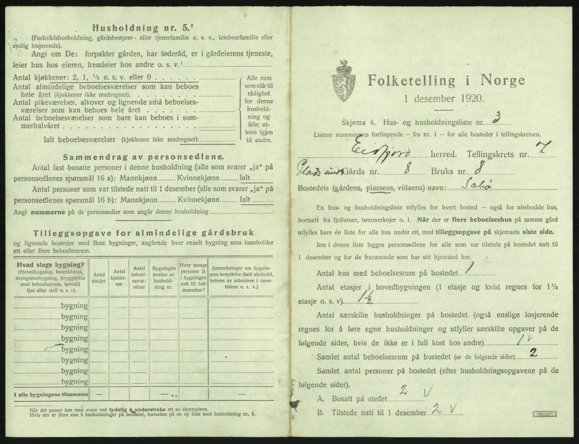 SAB, Folketelling 1920 for 1232 Eidfjord herred, 1920, s. 412