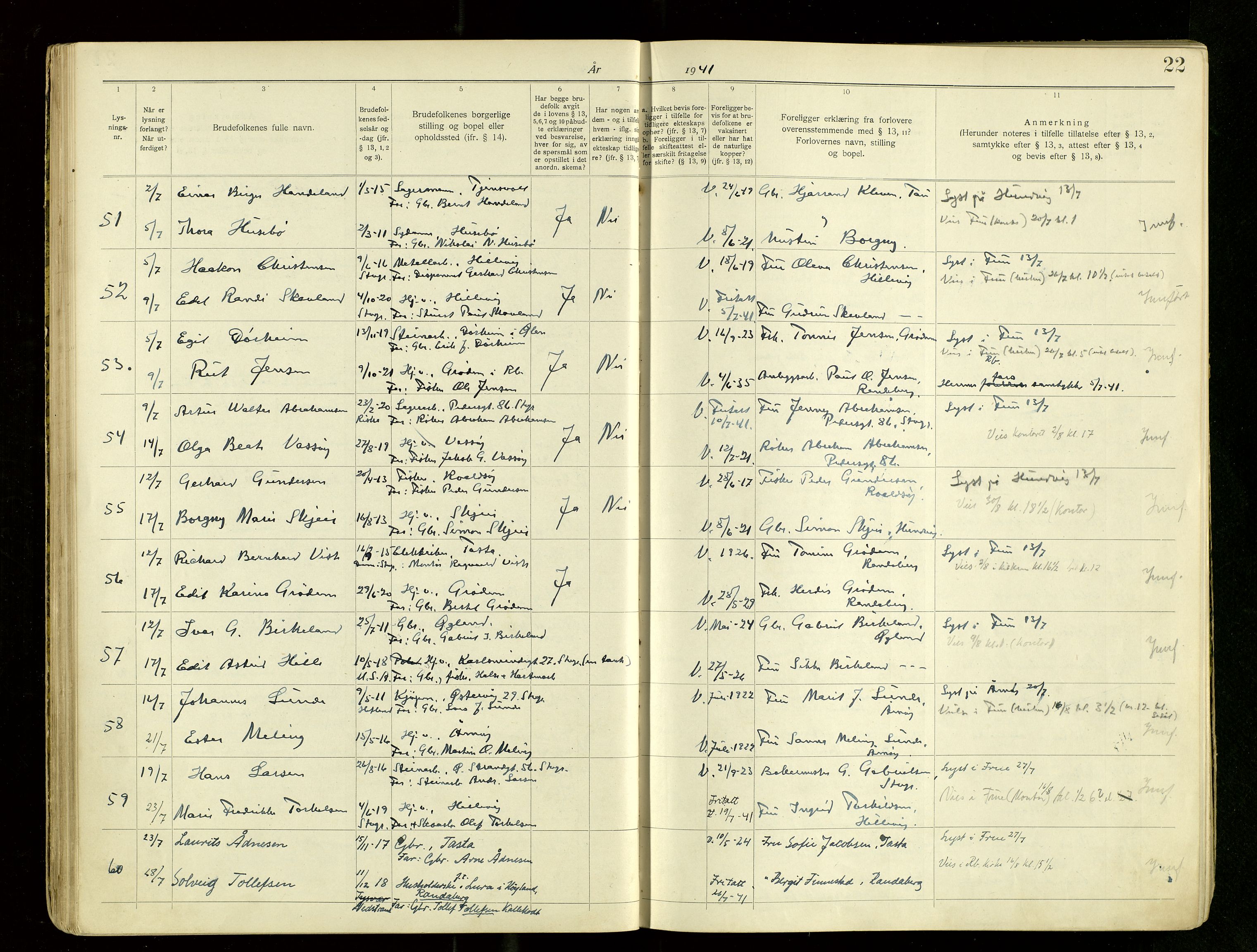 Hetland sokneprestkontor, AV/SAST-A-101826/70/705BA/L0007: Lysningsprotokoll nr. 7, 1939-1951, s. 22
