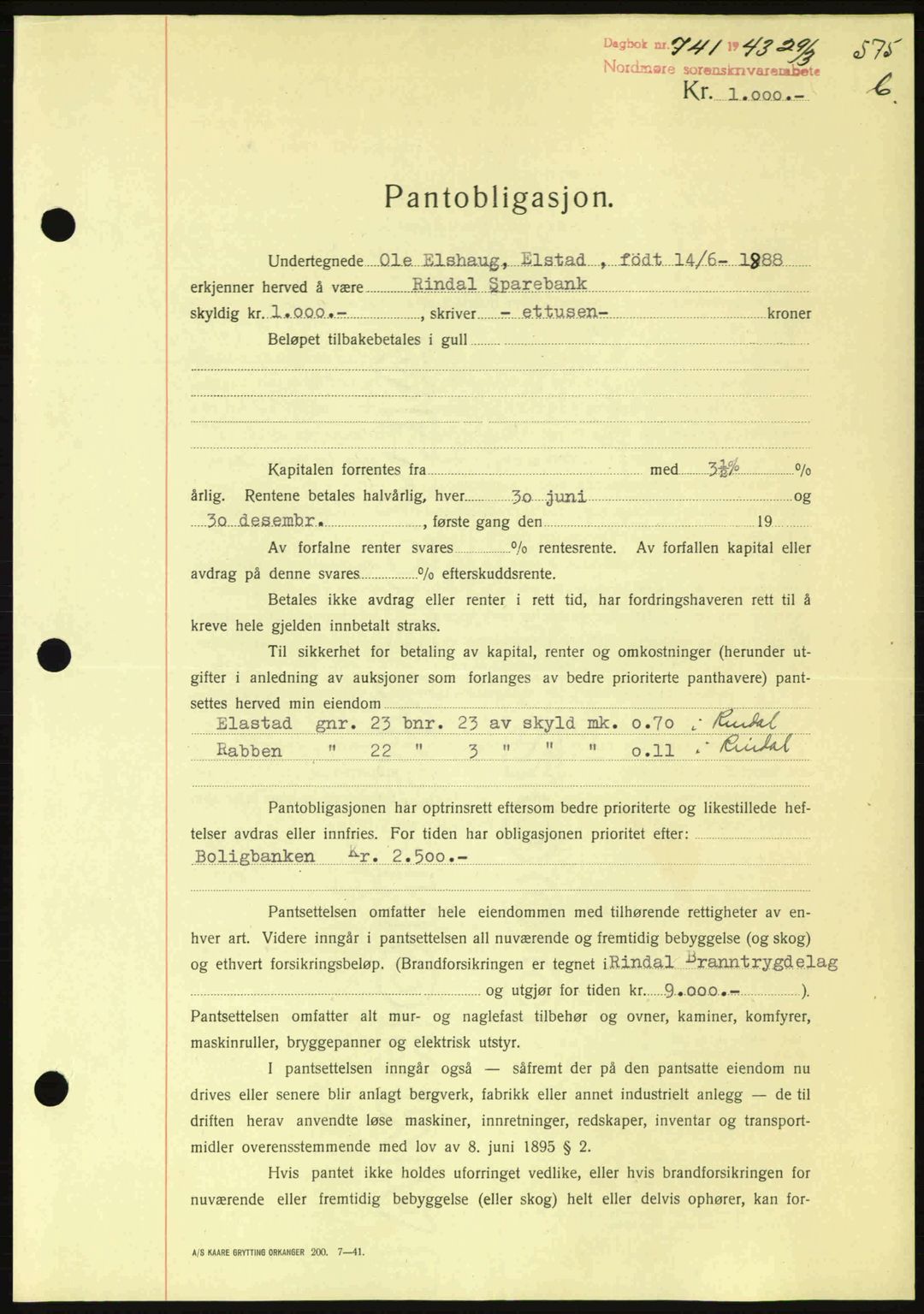 Nordmøre sorenskriveri, SAT/A-4132/1/2/2Ca: Pantebok nr. B90, 1942-1943, Dagboknr: 741/1943