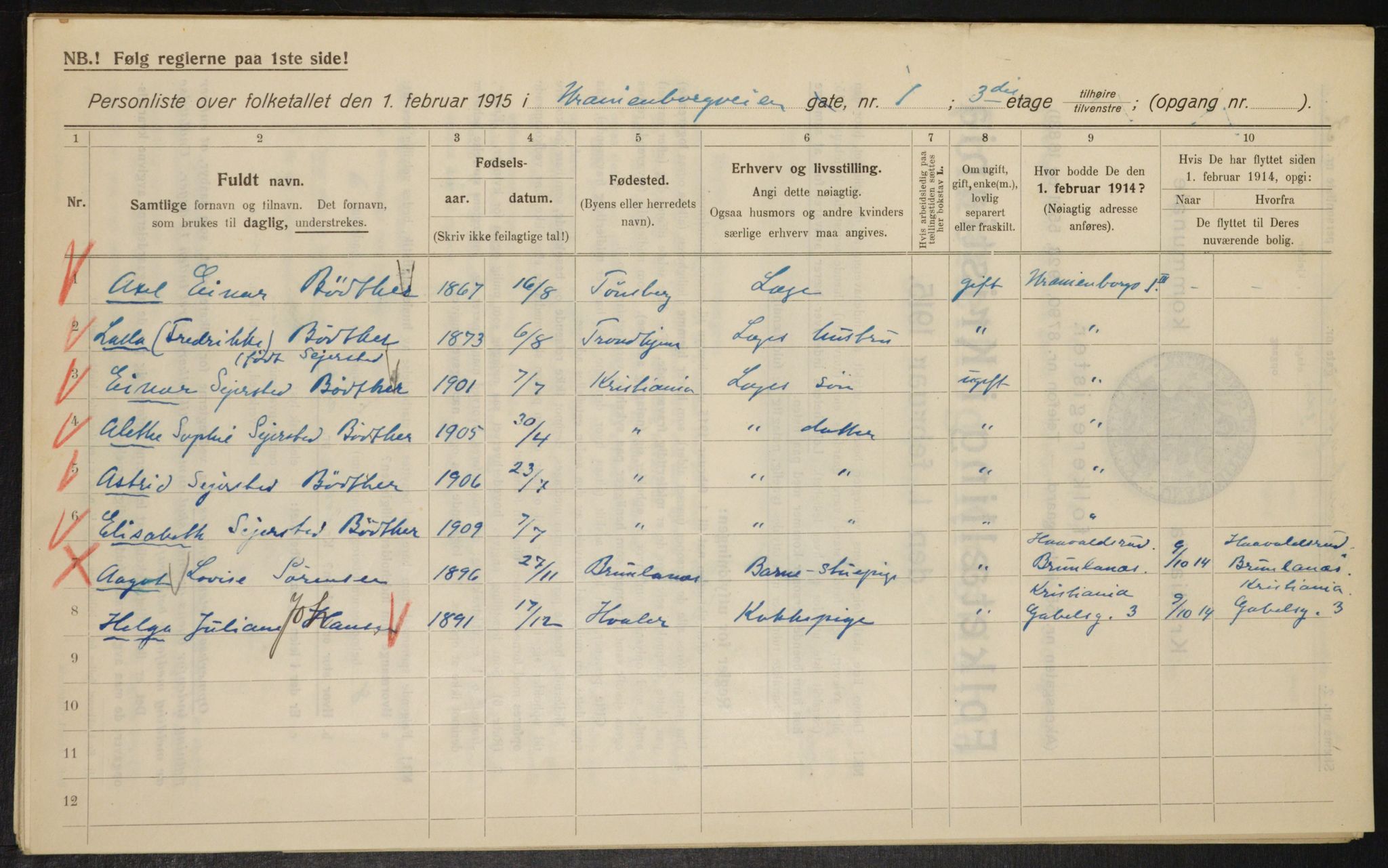 OBA, Kommunal folketelling 1.2.1915 for Kristiania, 1915, s. 121009