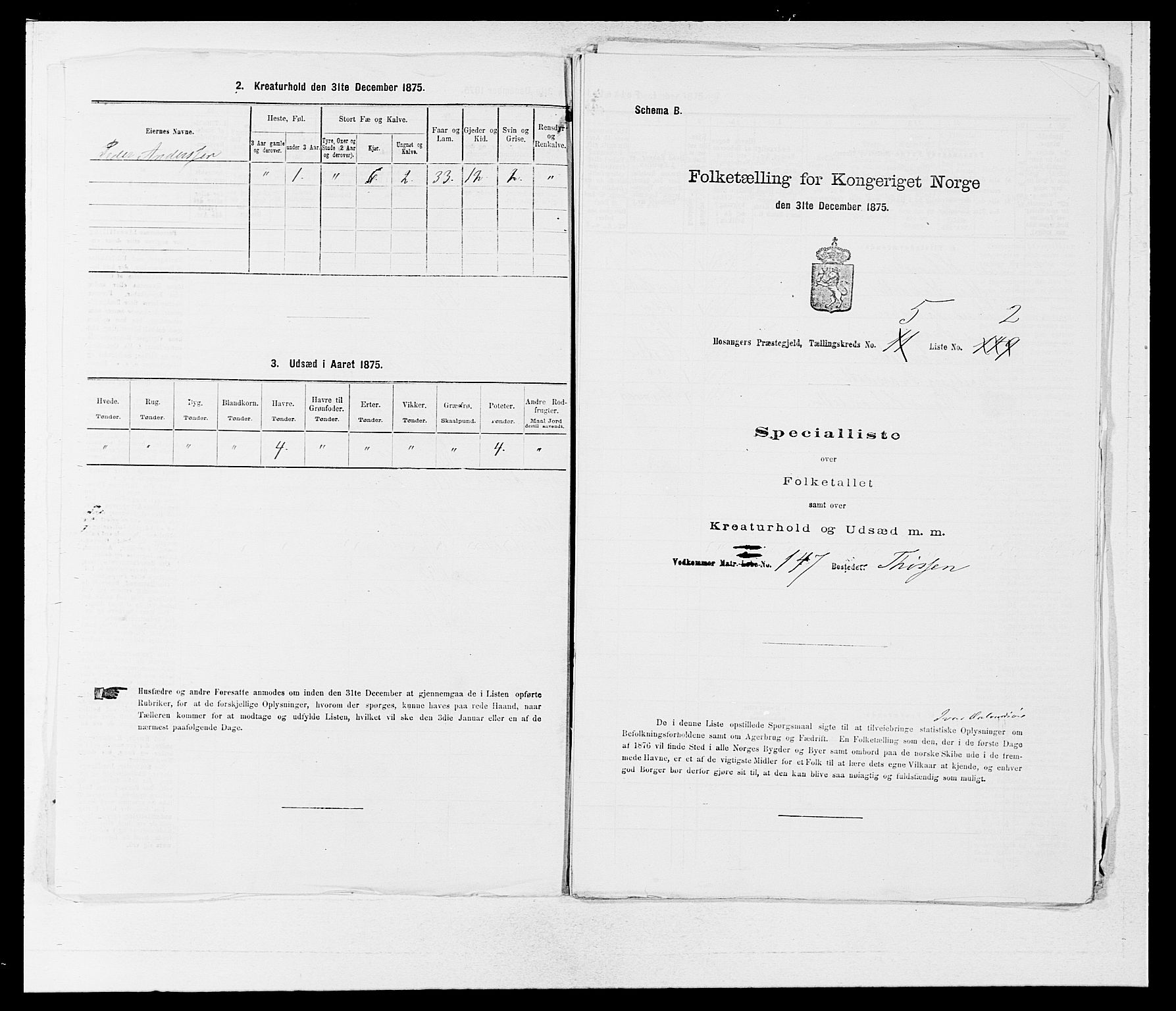 SAB, Folketelling 1875 for 1253P Hosanger prestegjeld, 1875, s. 425