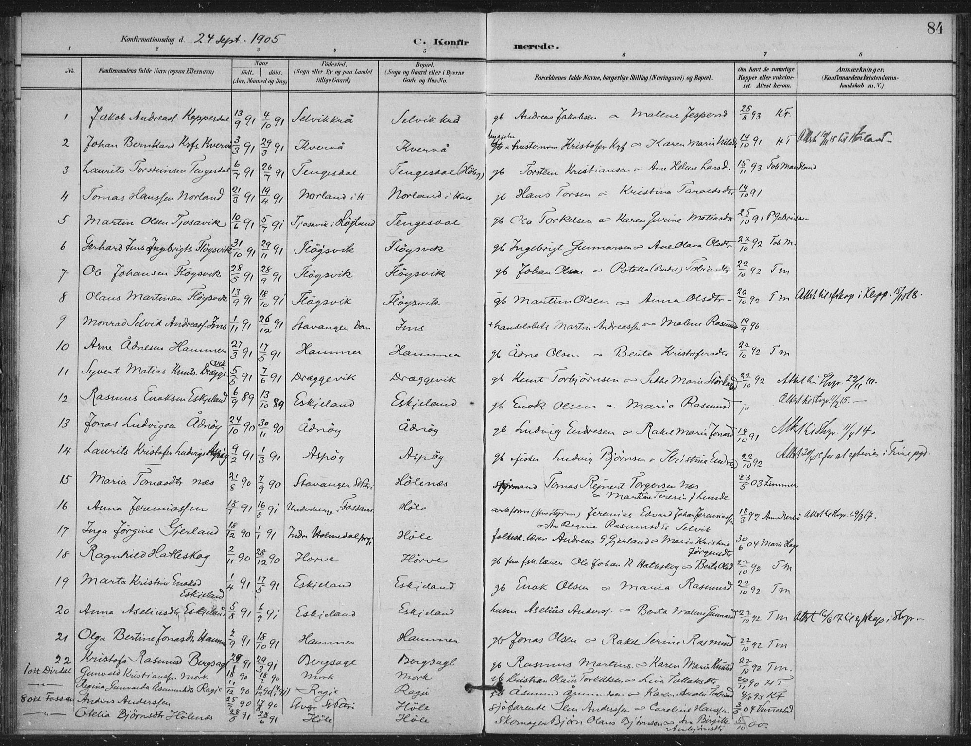 Høgsfjord sokneprestkontor, AV/SAST-A-101624/H/Ha/Haa/L0008: Ministerialbok nr. A 8, 1898-1920, s. 84