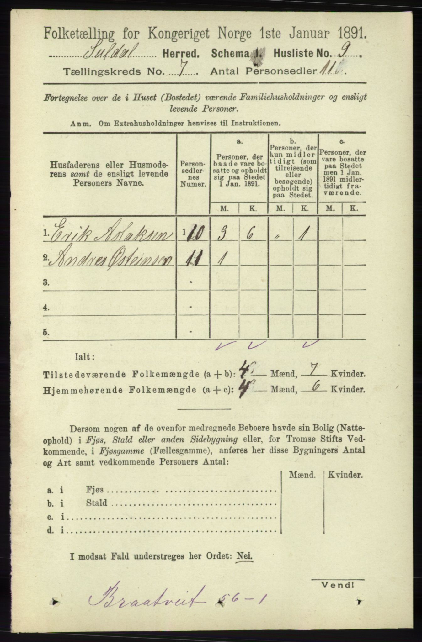 RA, Folketelling 1891 for 1134 Suldal herred, 1891, s. 1947