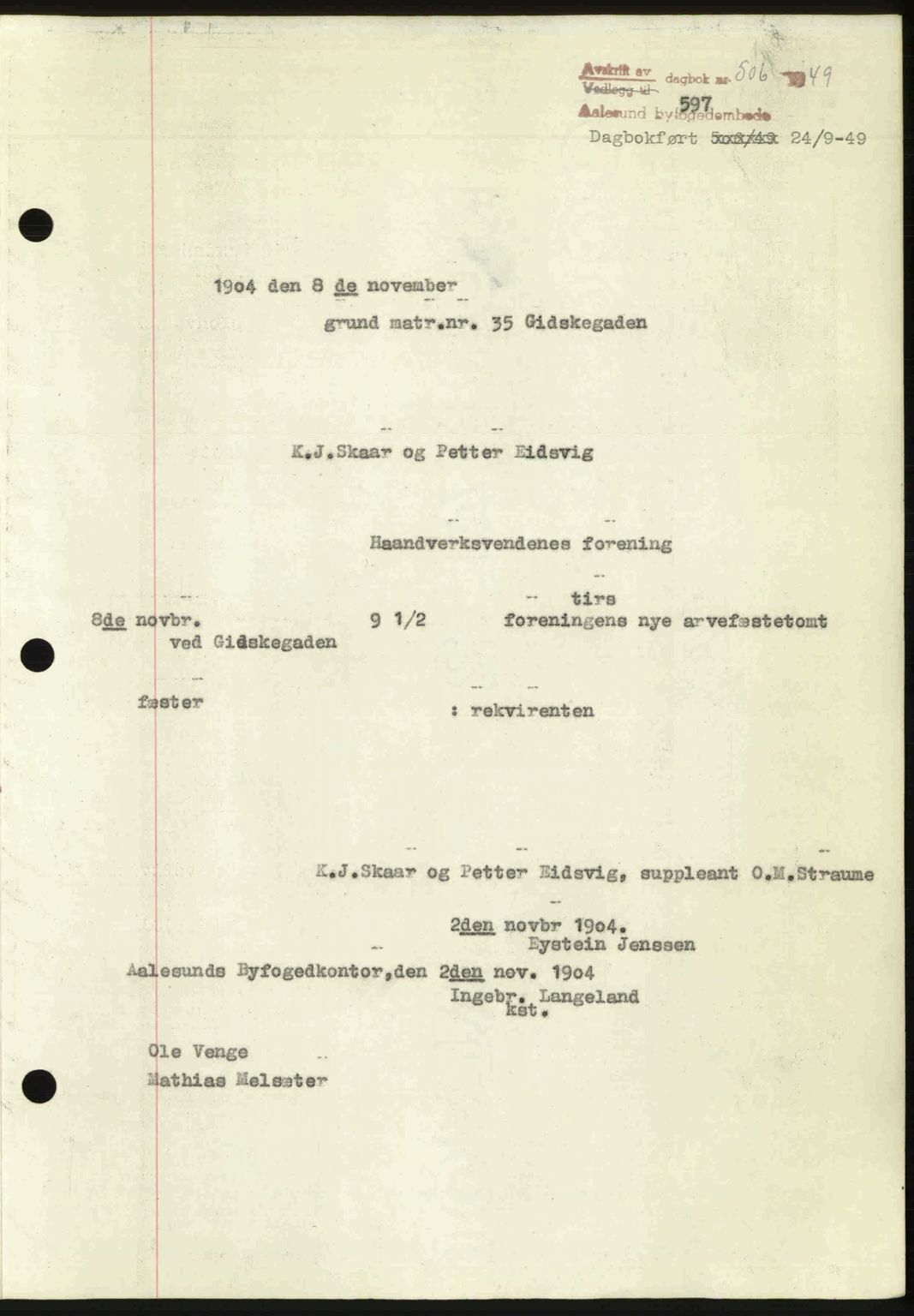 Ålesund byfogd, AV/SAT-A-4384: Pantebok nr. 37A (2), 1949-1950, Dagboknr: 506/1949