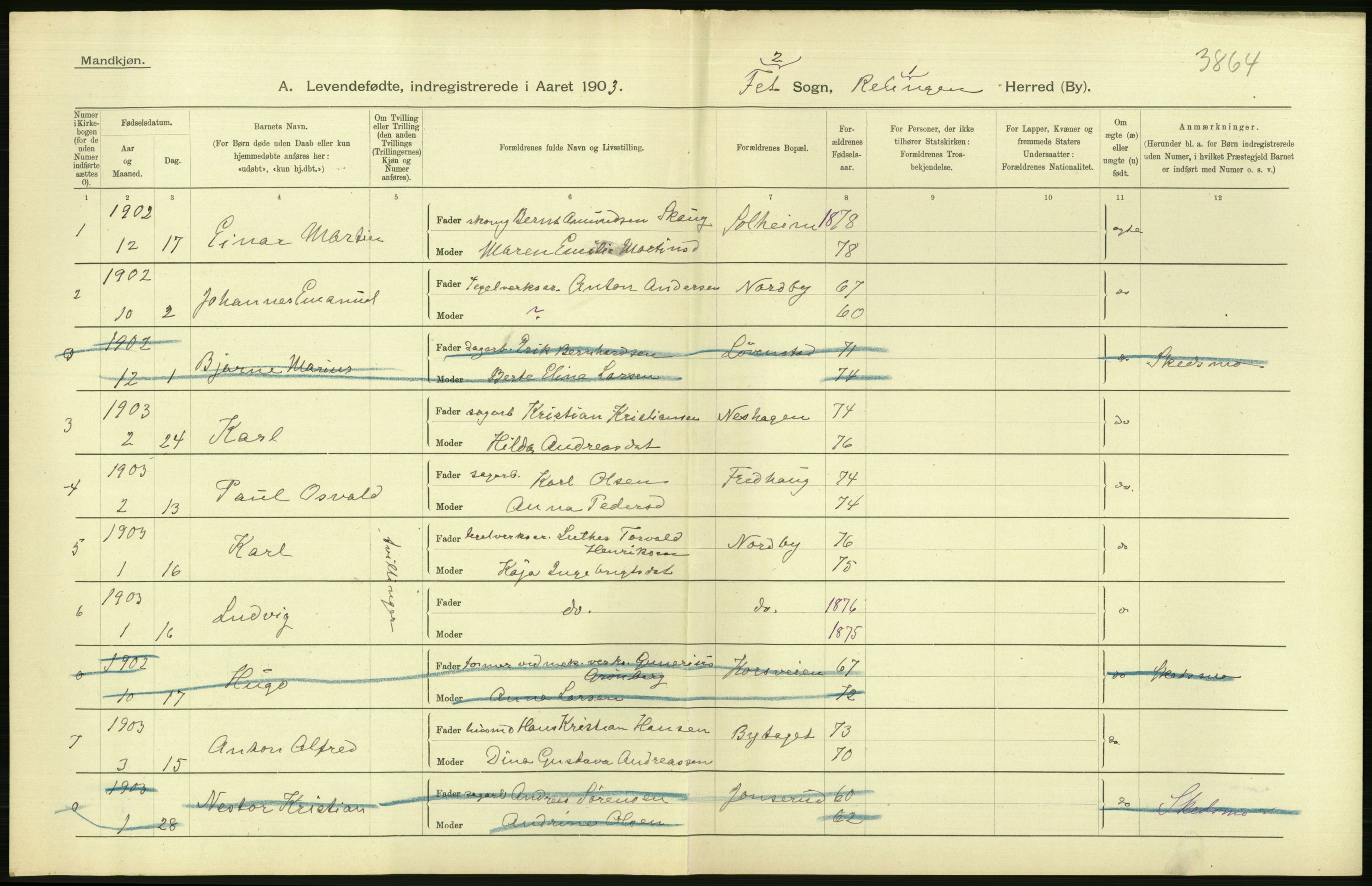 Statistisk sentralbyrå, Sosiodemografiske emner, Befolkning, AV/RA-S-2228/D/Df/Dfa/Dfaa/L0002: Akershus amt: Fødte, gifte, døde, 1903, s. 70