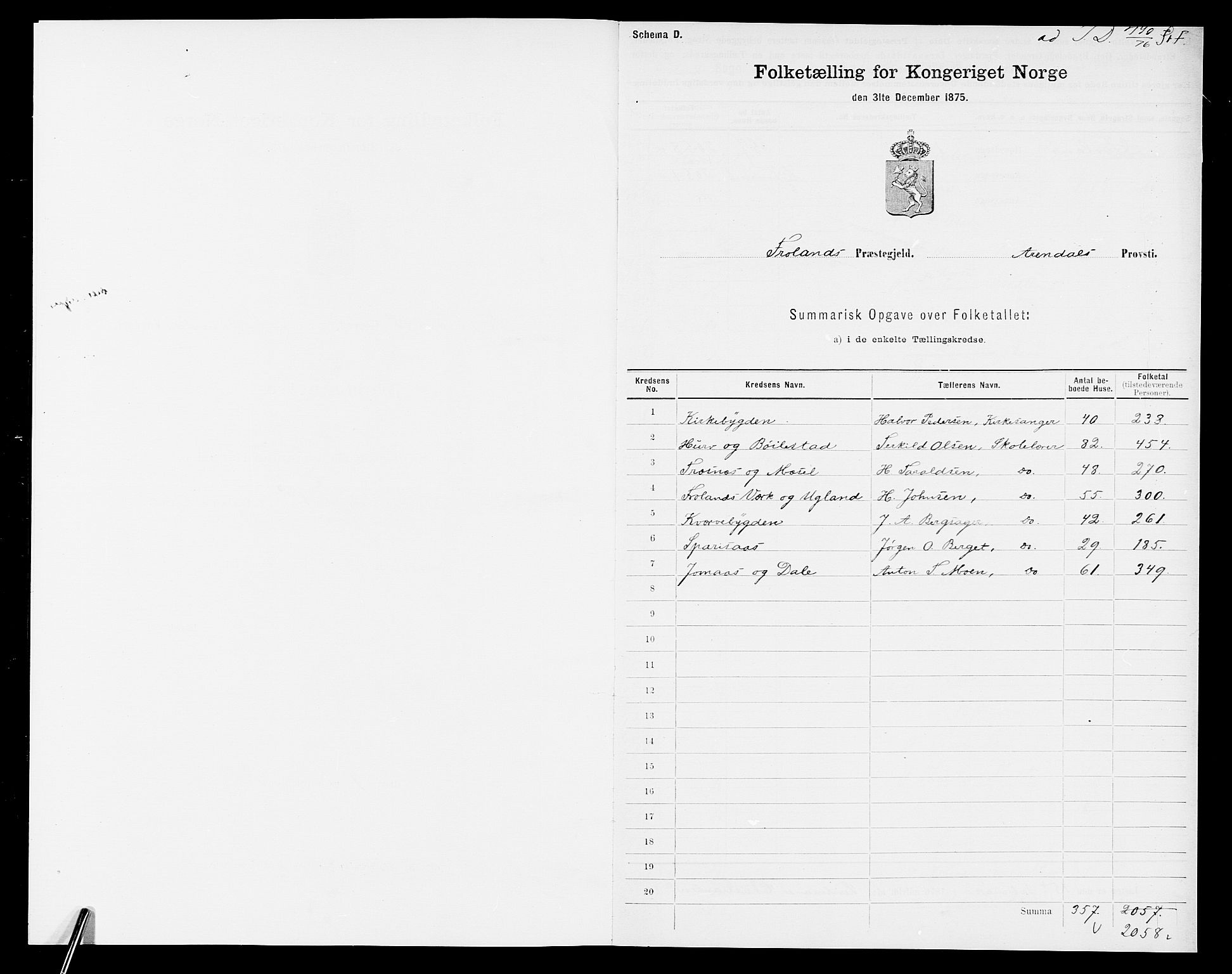 SAK, Folketelling 1875 for 0919P Froland prestegjeld, 1875, s. 3