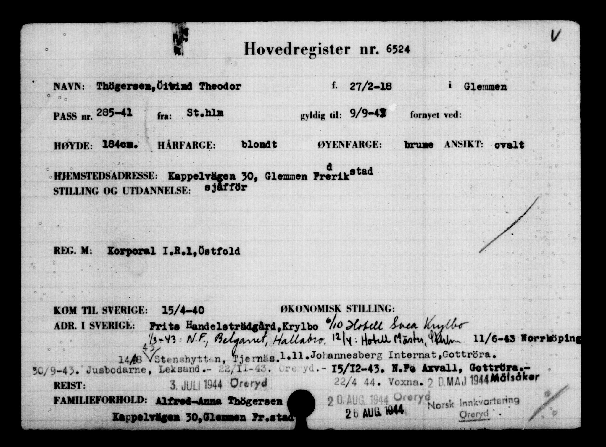 Utenriksstasjonene, Legasjonen i Stockholm, Flyktningkontoret, AV/RA-S-6753/V/Va/L0004: Kjesäterkartoteket, flyktninger med registreringsnr. 3496-6610, 1940-1945, s. 3582