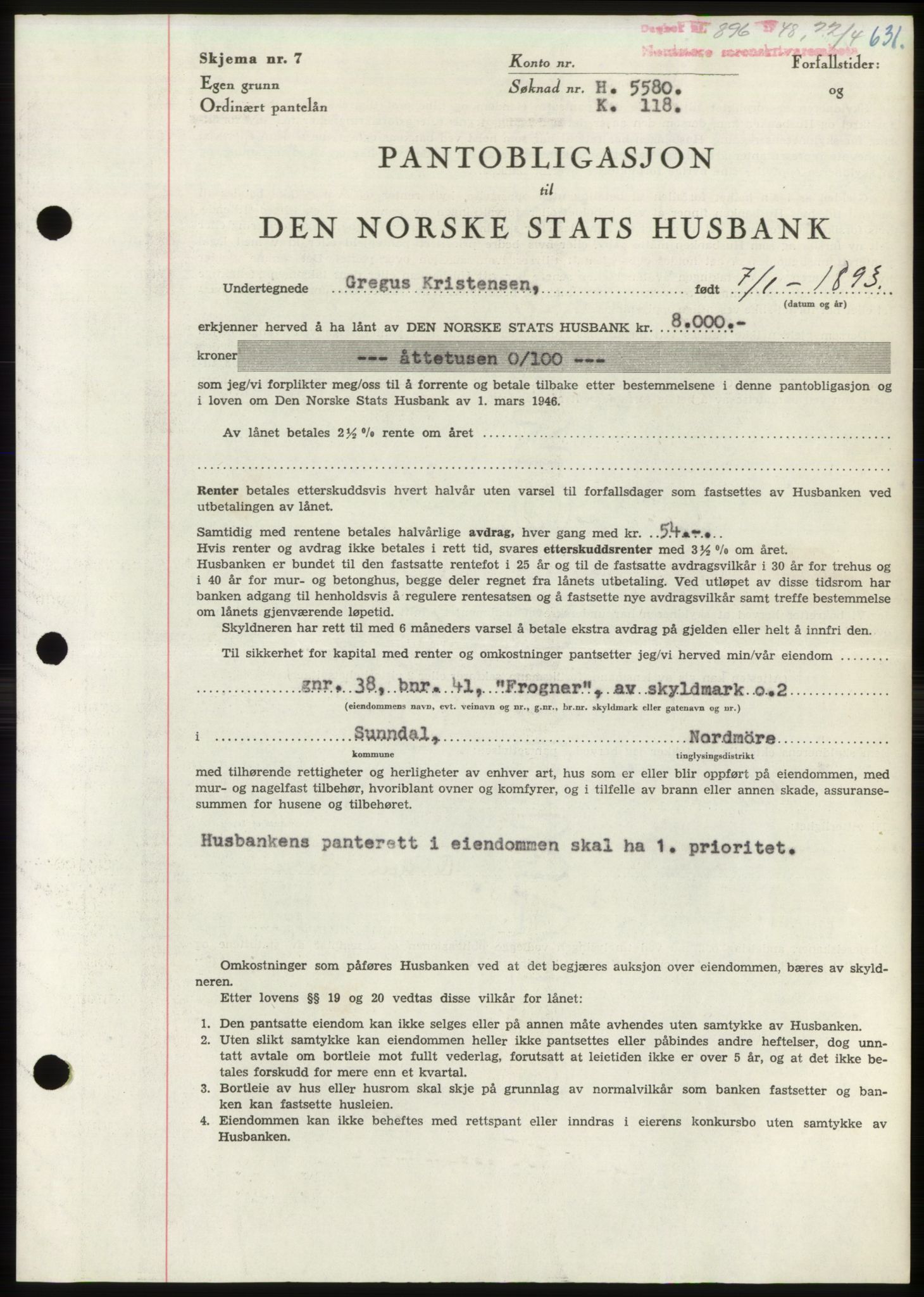 Nordmøre sorenskriveri, SAT/A-4132/1/2/2Ca: Pantebok nr. B98, 1948-1948, Dagboknr: 896/1948
