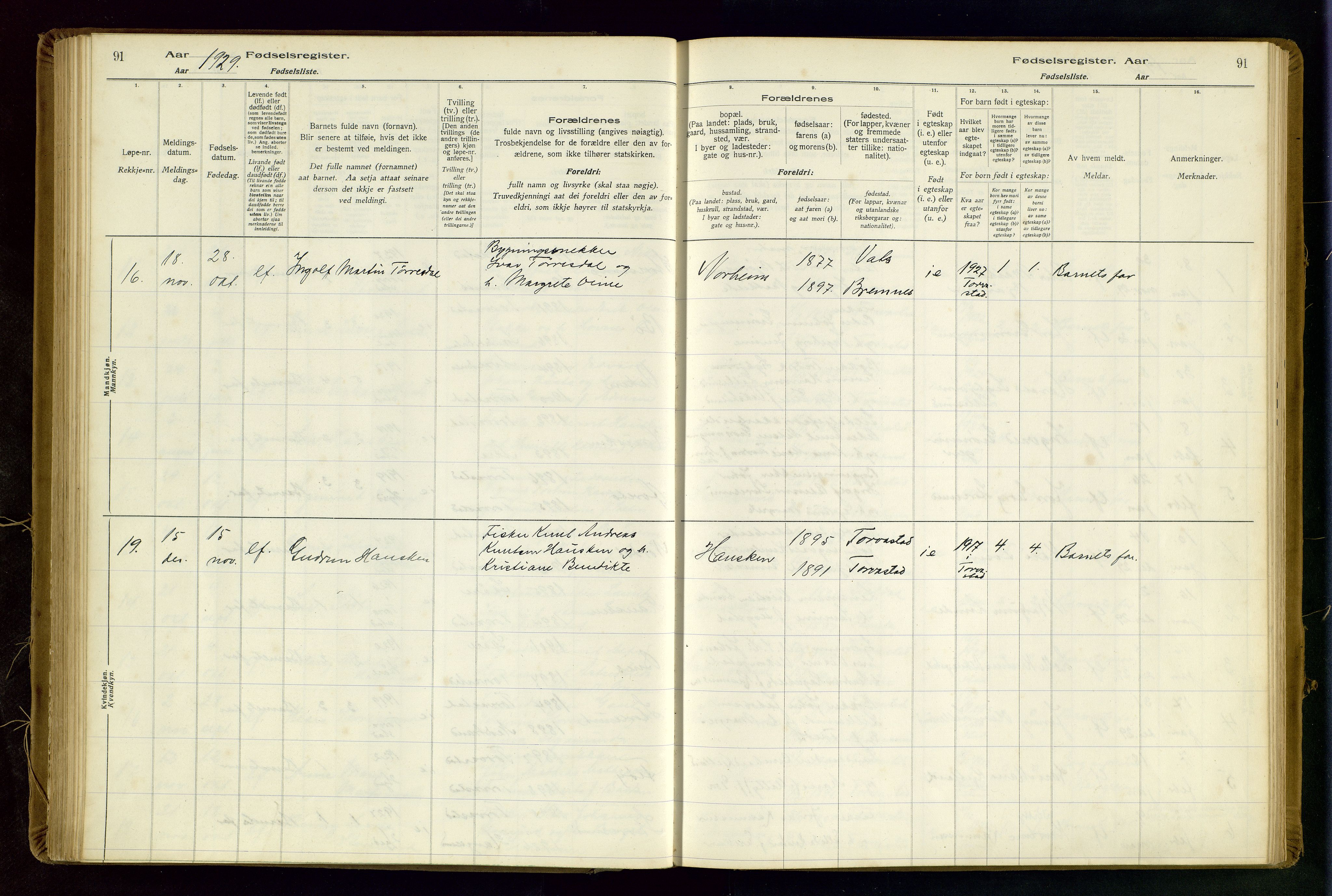 Torvastad sokneprestkontor, SAST/A -101857/I/Id/L0002: Fødselsregister nr. 2, 1916-1950, s. 91