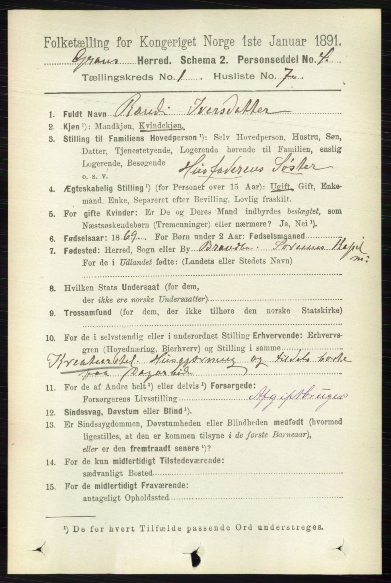 RA, Folketelling 1891 for 0534 Gran herred, 1891, s. 105