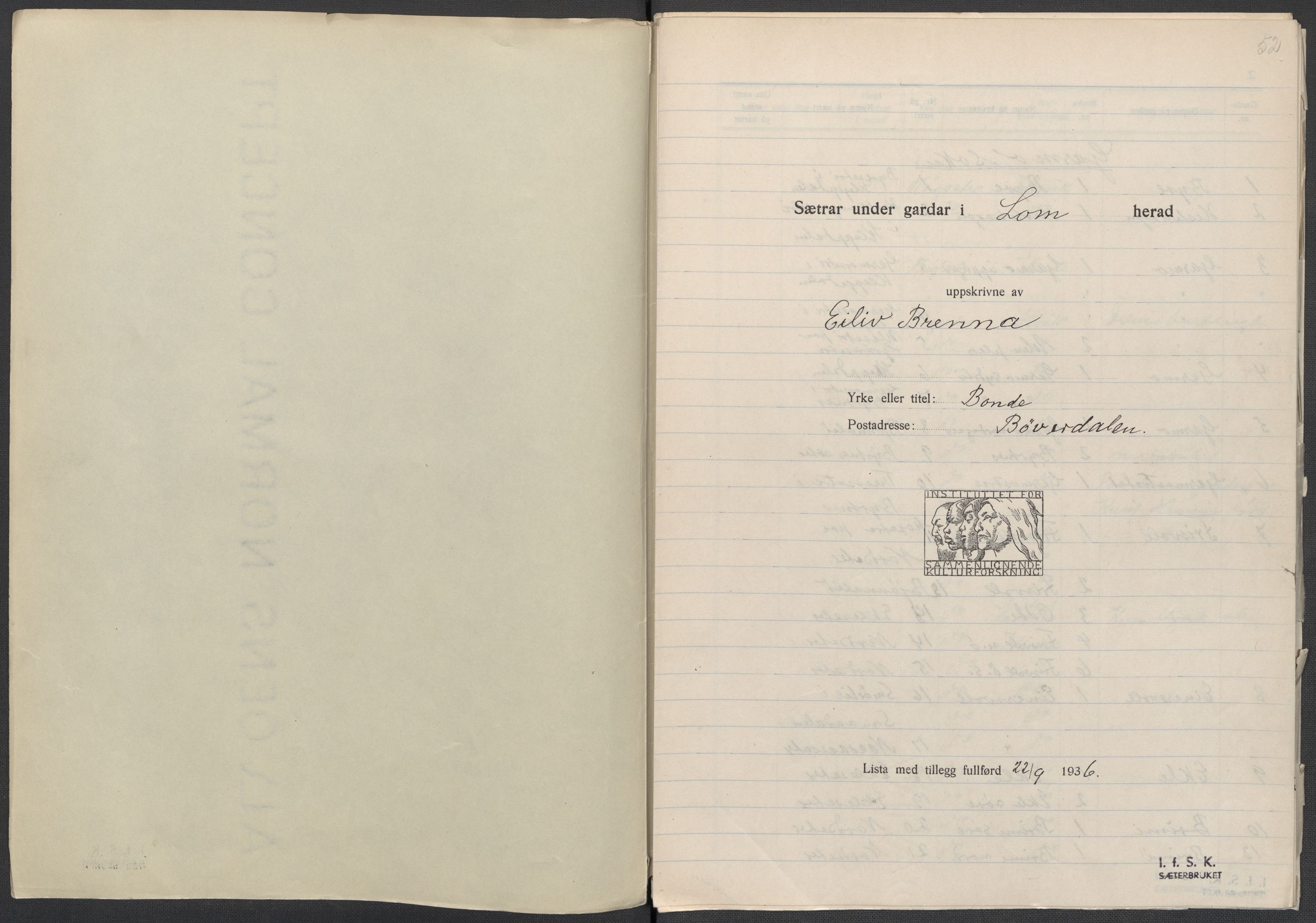 Instituttet for sammenlignende kulturforskning, AV/RA-PA-0424/F/Fc/L0004/0001: Eske B4: / Oppland (perm VII), 1934-1936, s. 52