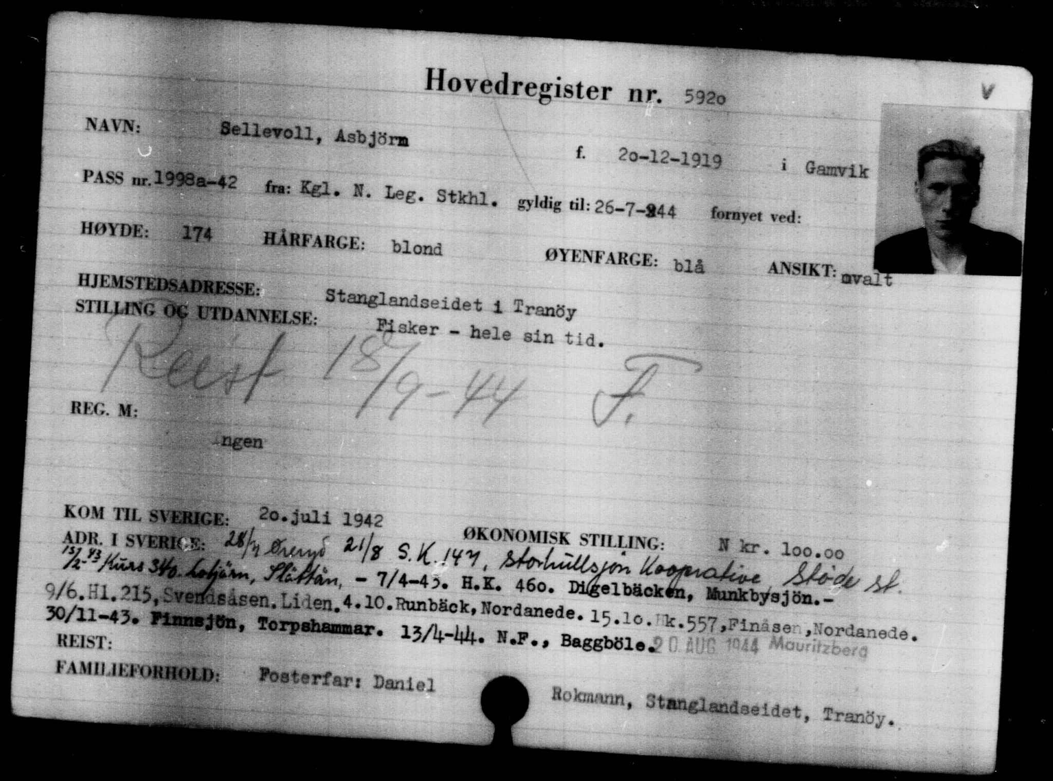Utenriksstasjonene, Legasjonen i Stockholm, Flyktningkontoret, AV/RA-S-6753/V/Va/L0004: Kjesäterkartoteket, flyktninger med registreringsnr. 3496-6610, 1940-1945, s. 2827
