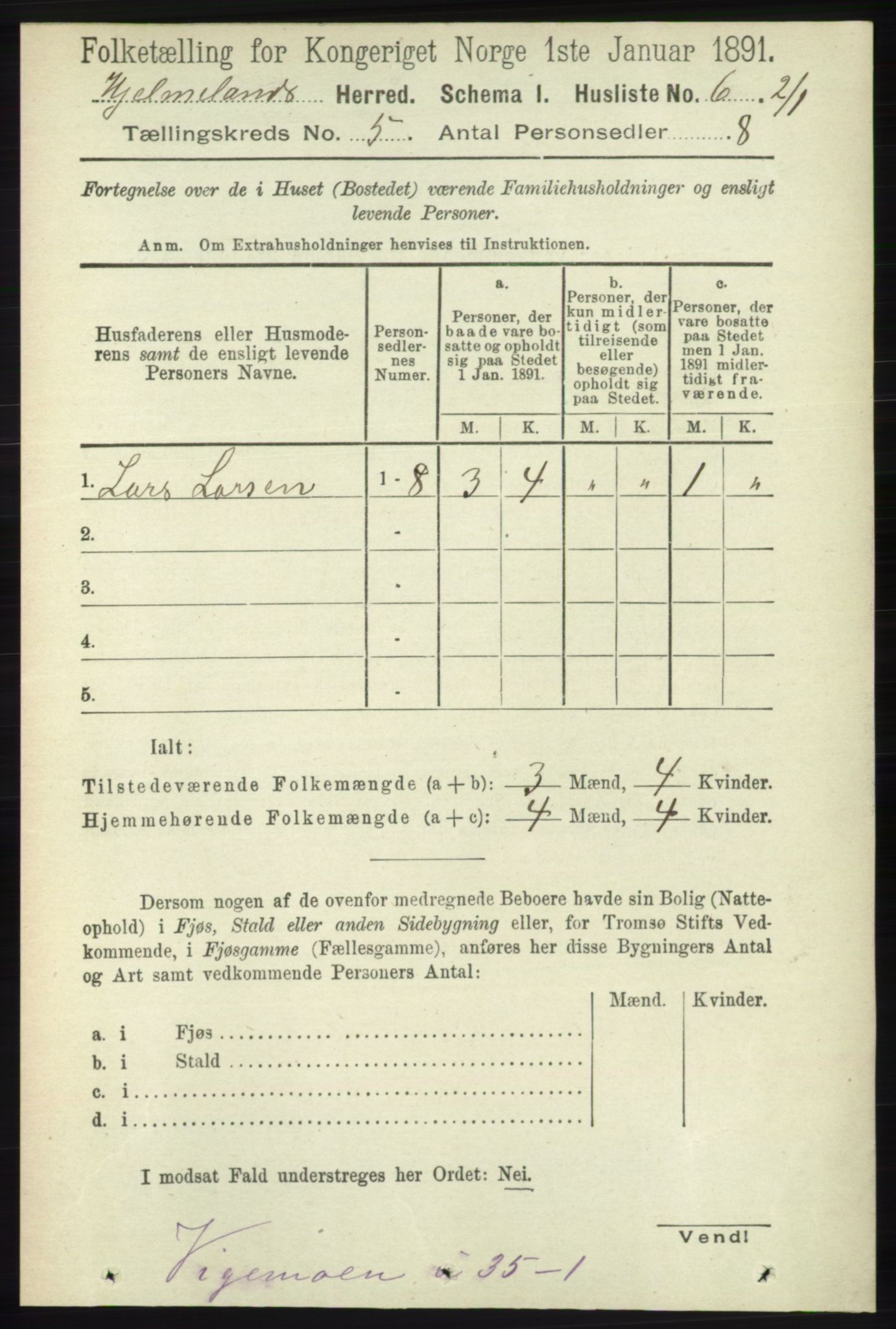 RA, Folketelling 1891 for 1133 Hjelmeland herred, 1891, s. 1095