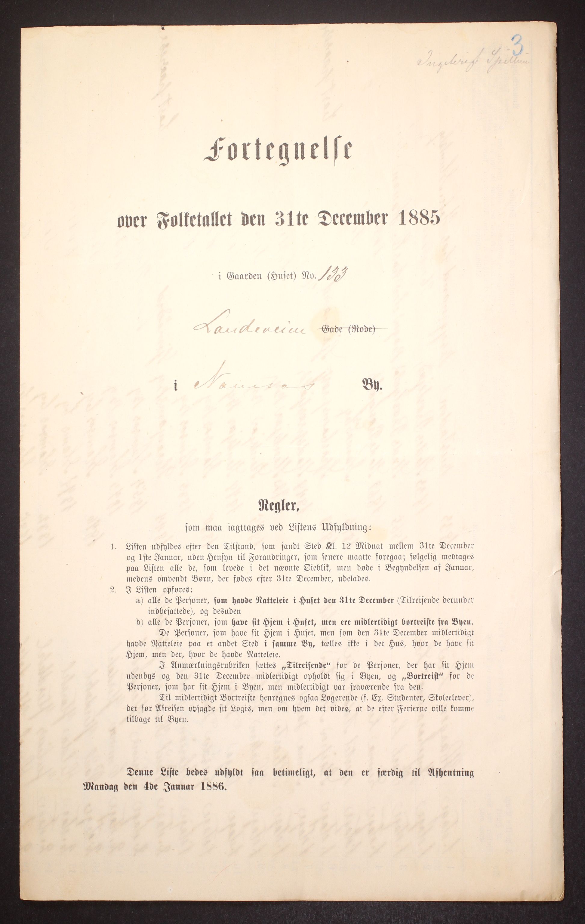 SAT, Folketelling 1885 for 1703 Namsos ladested, 1885