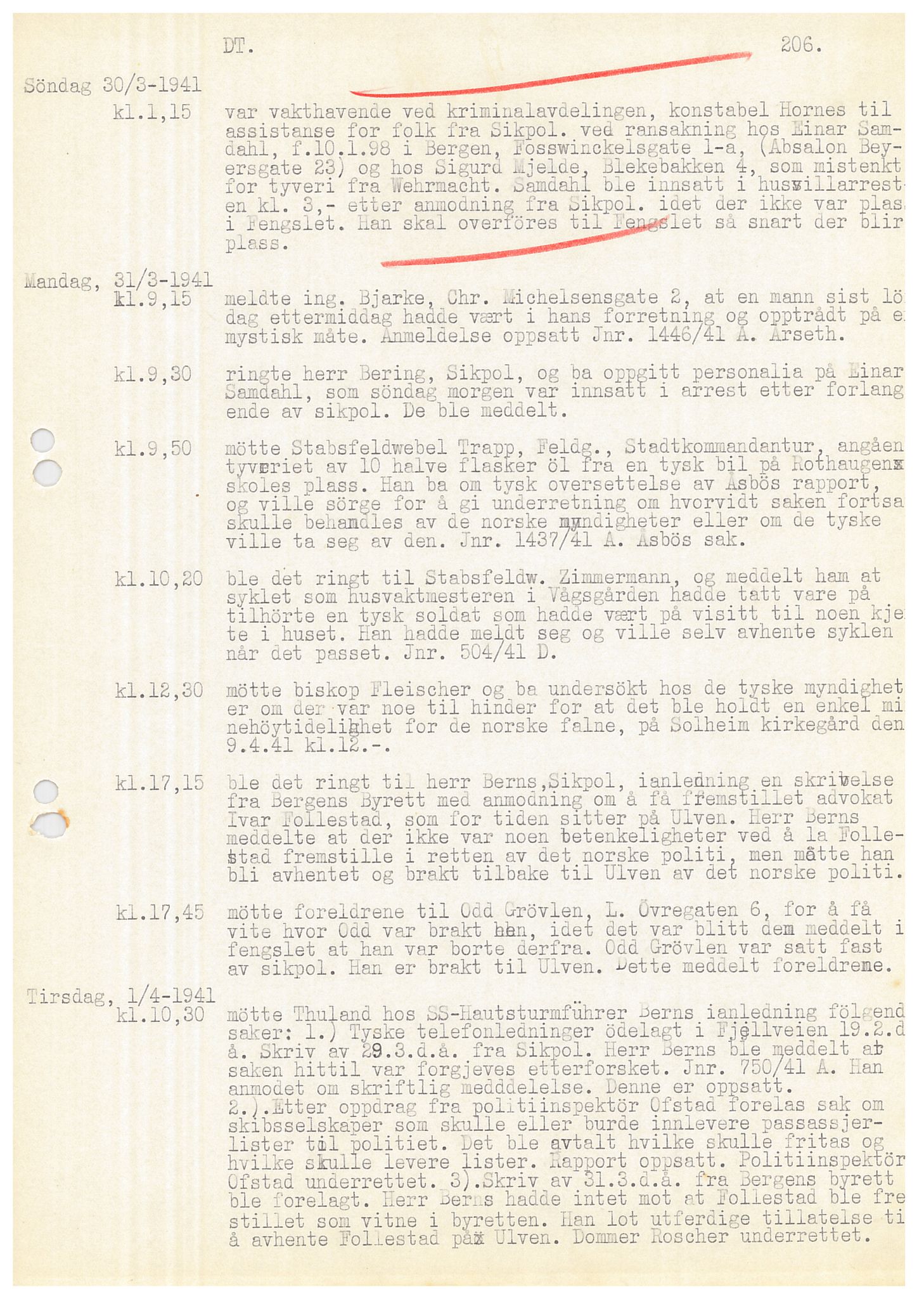Bergen politikammer / politidistrikt, SAB/A-60401/Y/Ye/L0001: Avskrift av krigsdagbok av Dankert Thuland, 1940-1941, s. 206