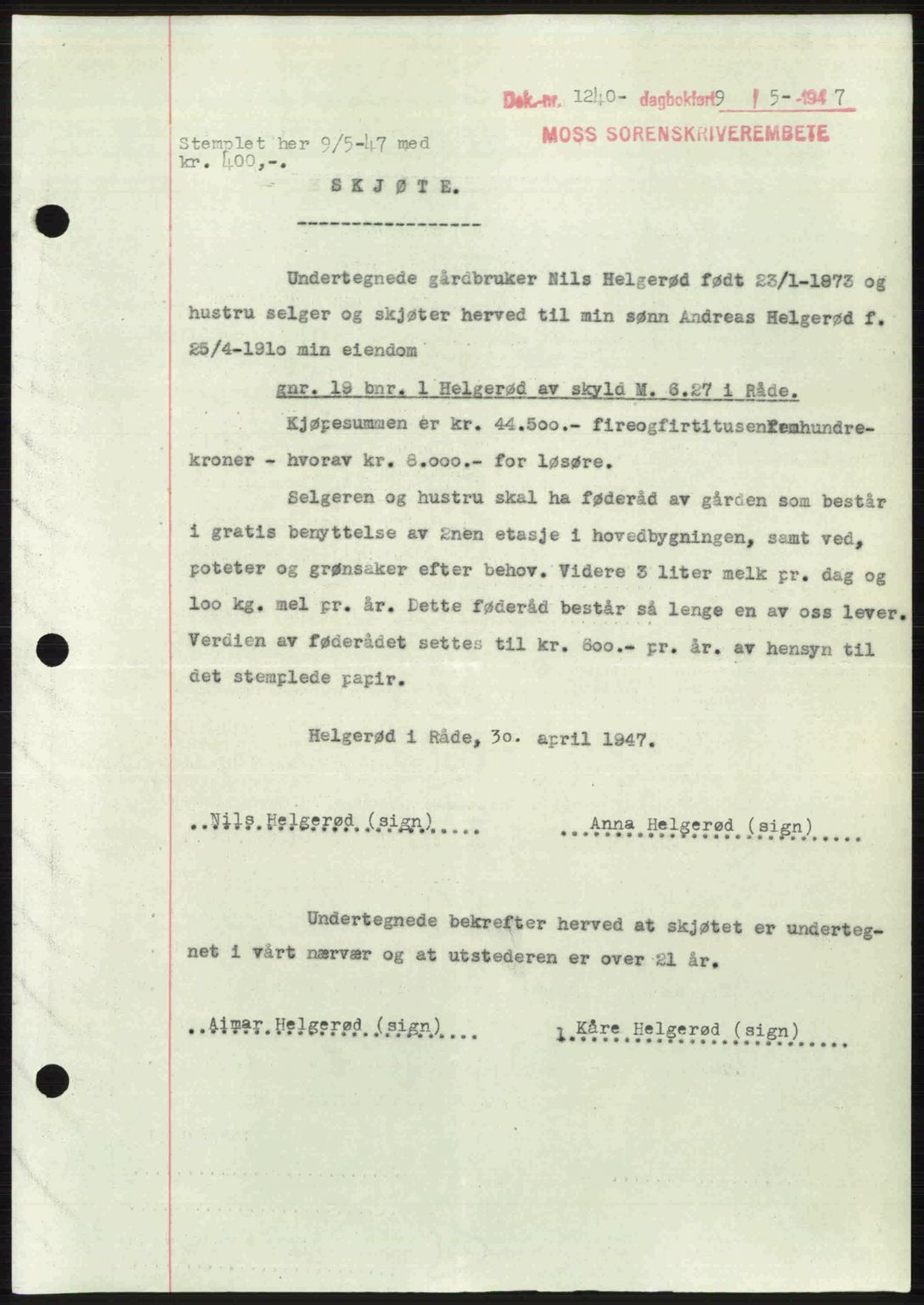 Moss sorenskriveri, SAO/A-10168: Pantebok nr. A17, 1947-1947, Dagboknr: 1240/1947