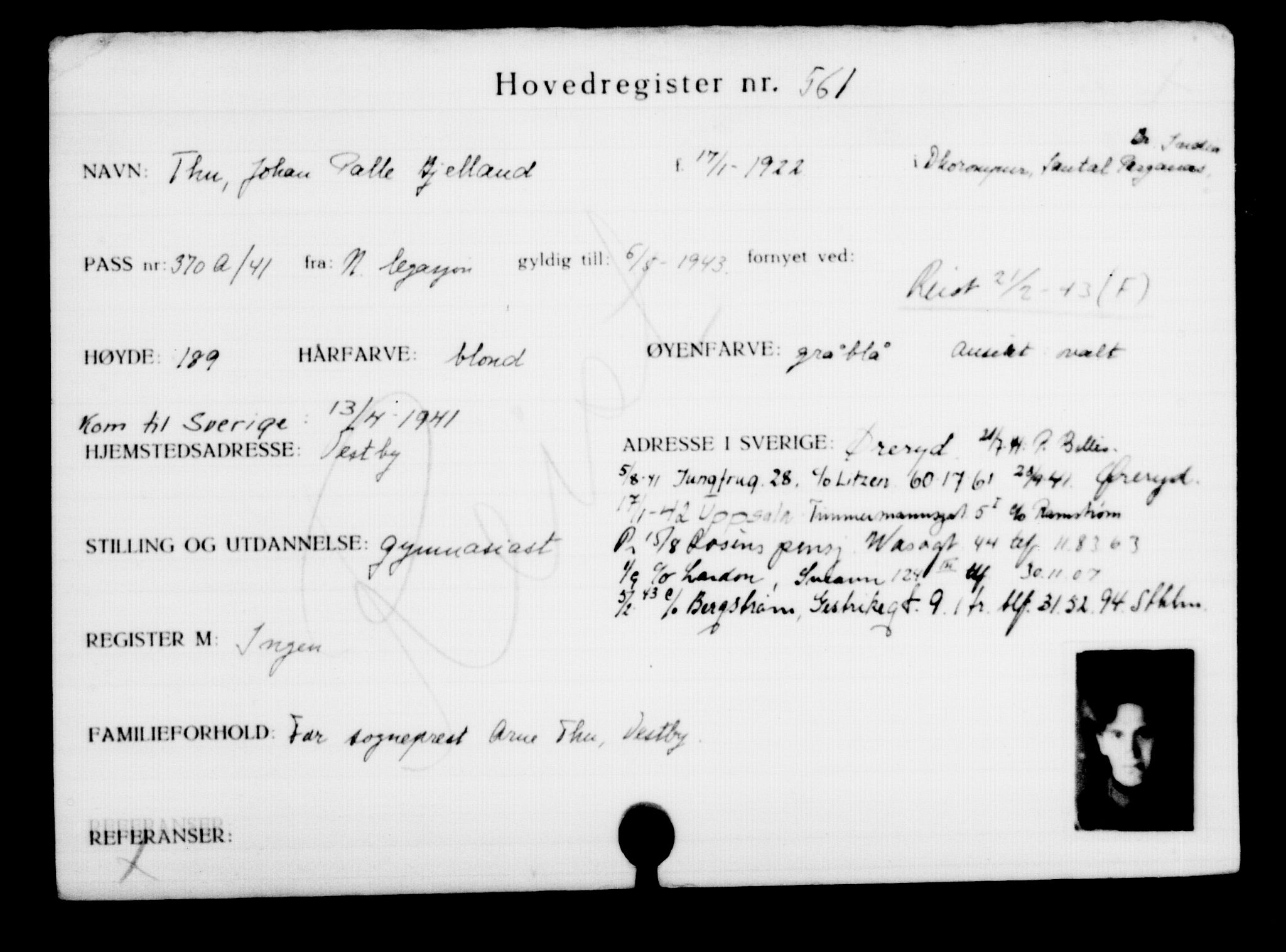 Utenriksstasjonene, Legasjonen i Stockholm, Flyktningkontoret, AV/RA-S-6753/V/Va/L0001: Kjesäterkartoteket, flyktninger med registreringsnr. 1-1000, 1940-1945, s. 872